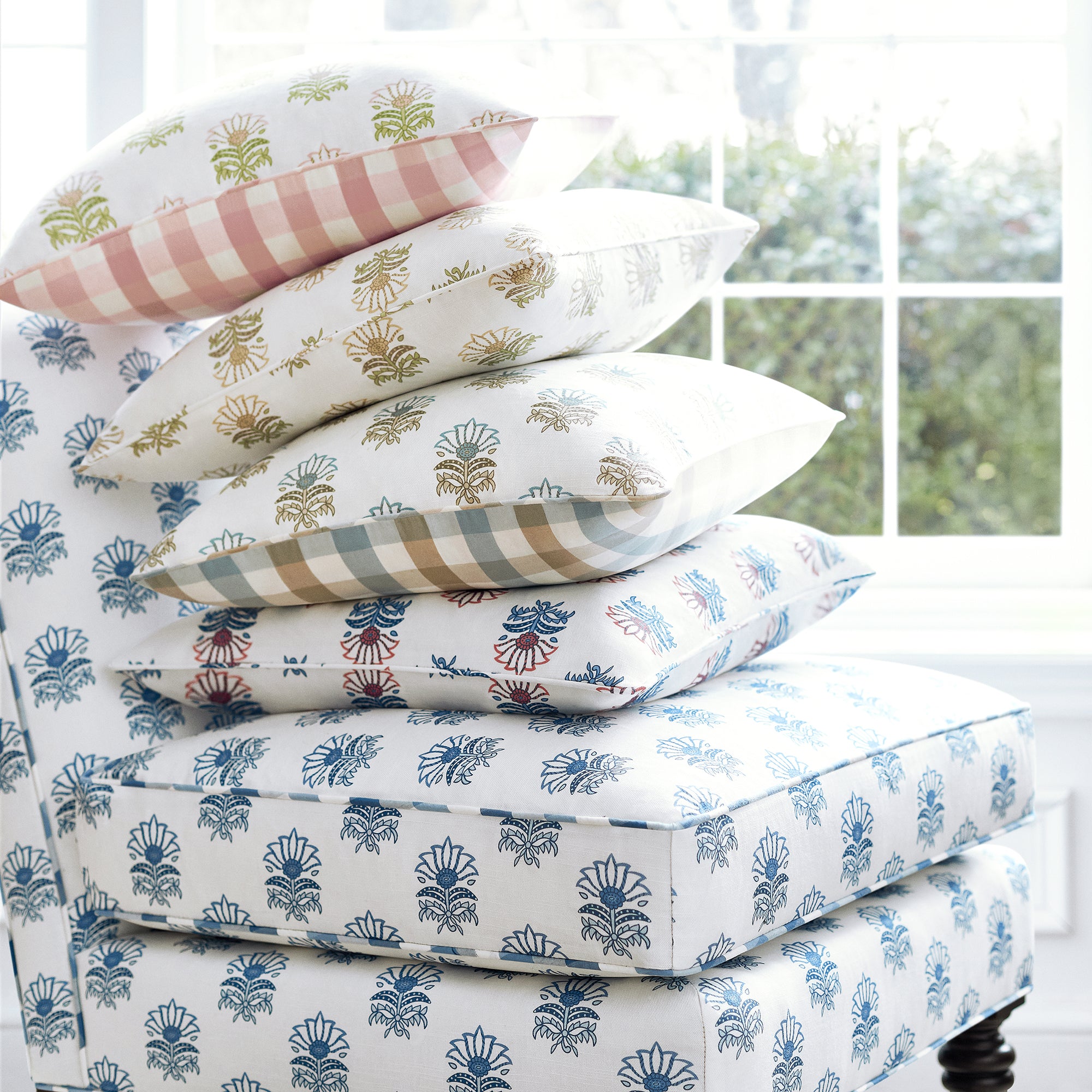 Pillow in Milford printed fabric in Beige and Green - pattern number AF15158 - by Anna French in the Antilles collection