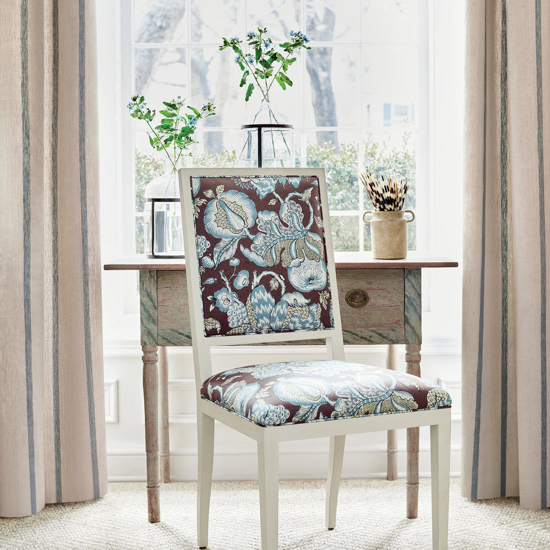 Lauderdale Dining Chair in Westmont printed fabric in brown and slate color - pattern number AF15110 - by Anna French in the Antilles collection