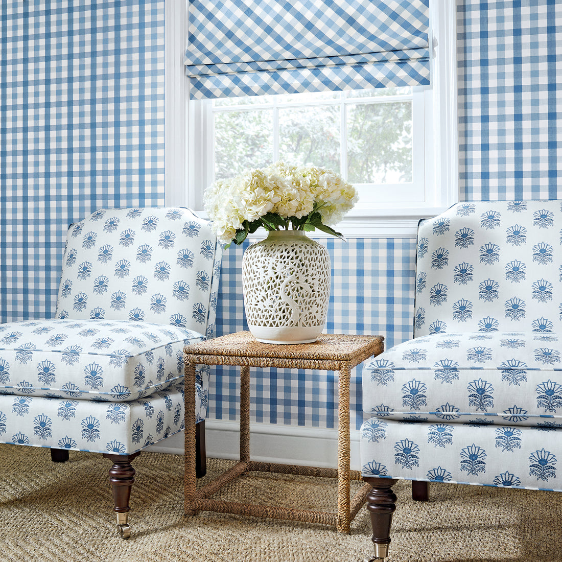 Charlotte Chairs in Milford printed fabric in Blue - pattern number AF15157 - by Anna French in the Antilles collection