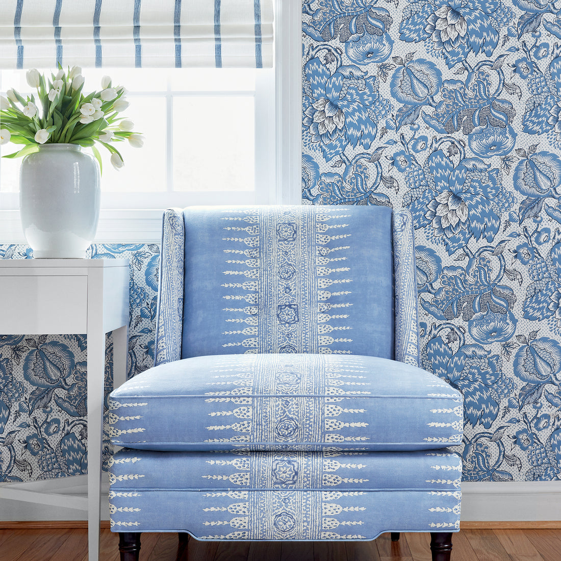 Bedford Chair in Javanese Stripe printed fabric in Wedgewood Blue- pattern number AF15141 - by Anna French in the Antilles collection