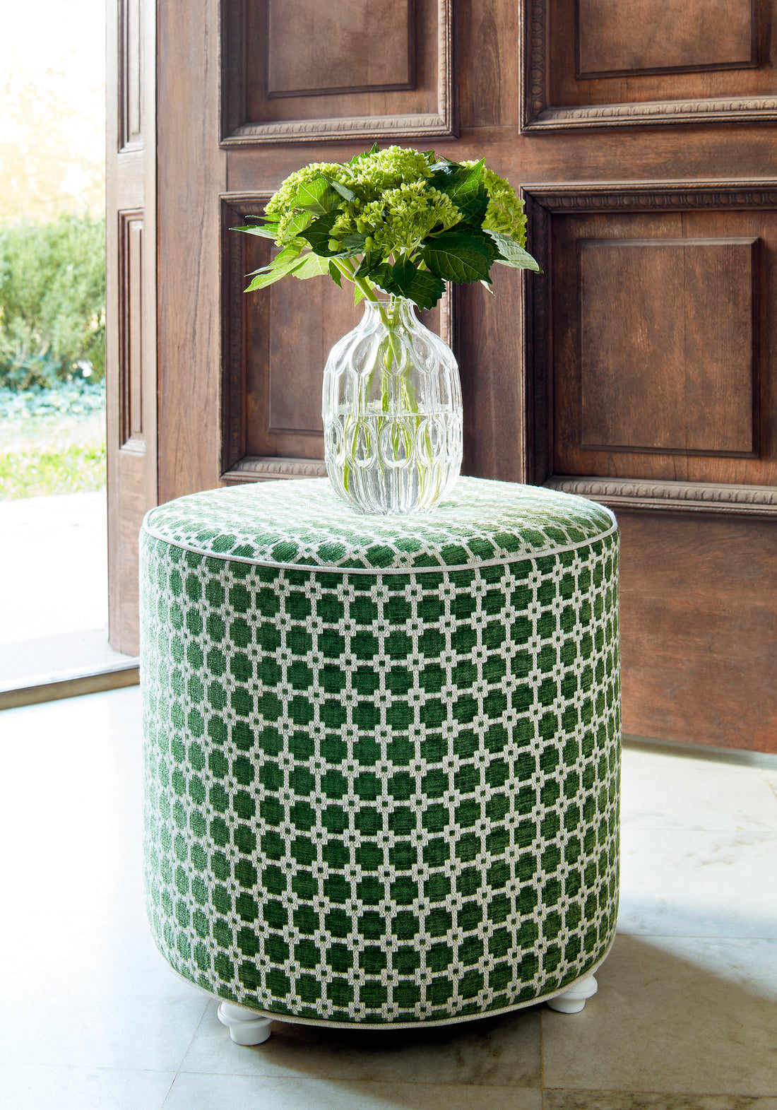 Roundabout Ottoman in Apollo woven fabric in emerald green color - pattern number W80718 - by Thibaut in the Woven Resource Vol 11 Rialto collection