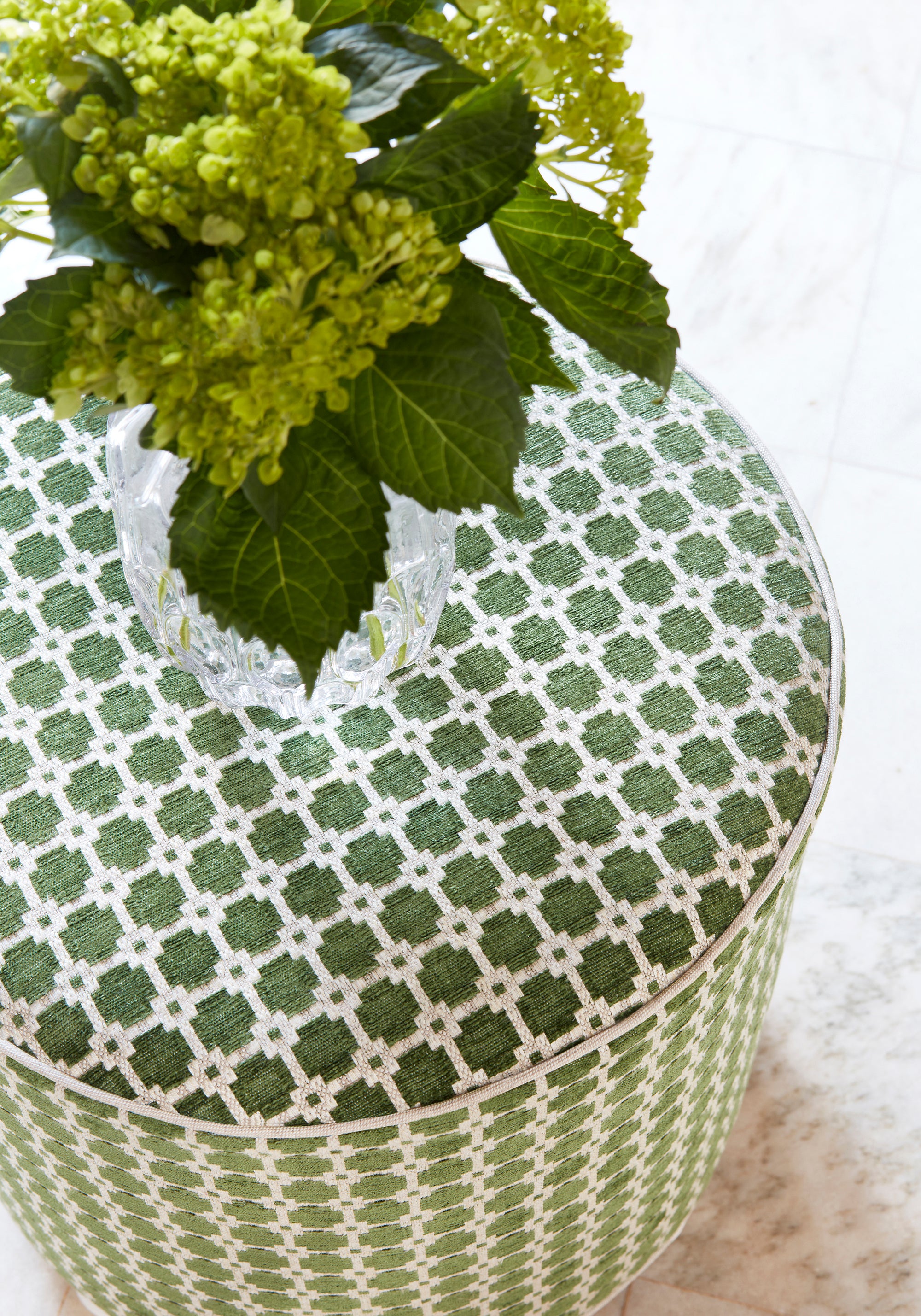 Detailed view of Roundabout Ottoman in Apollo woven fabric in emerald green color - pattern number W80718 by Thibaut in the Woven Resource Vol 11 Rialto collection