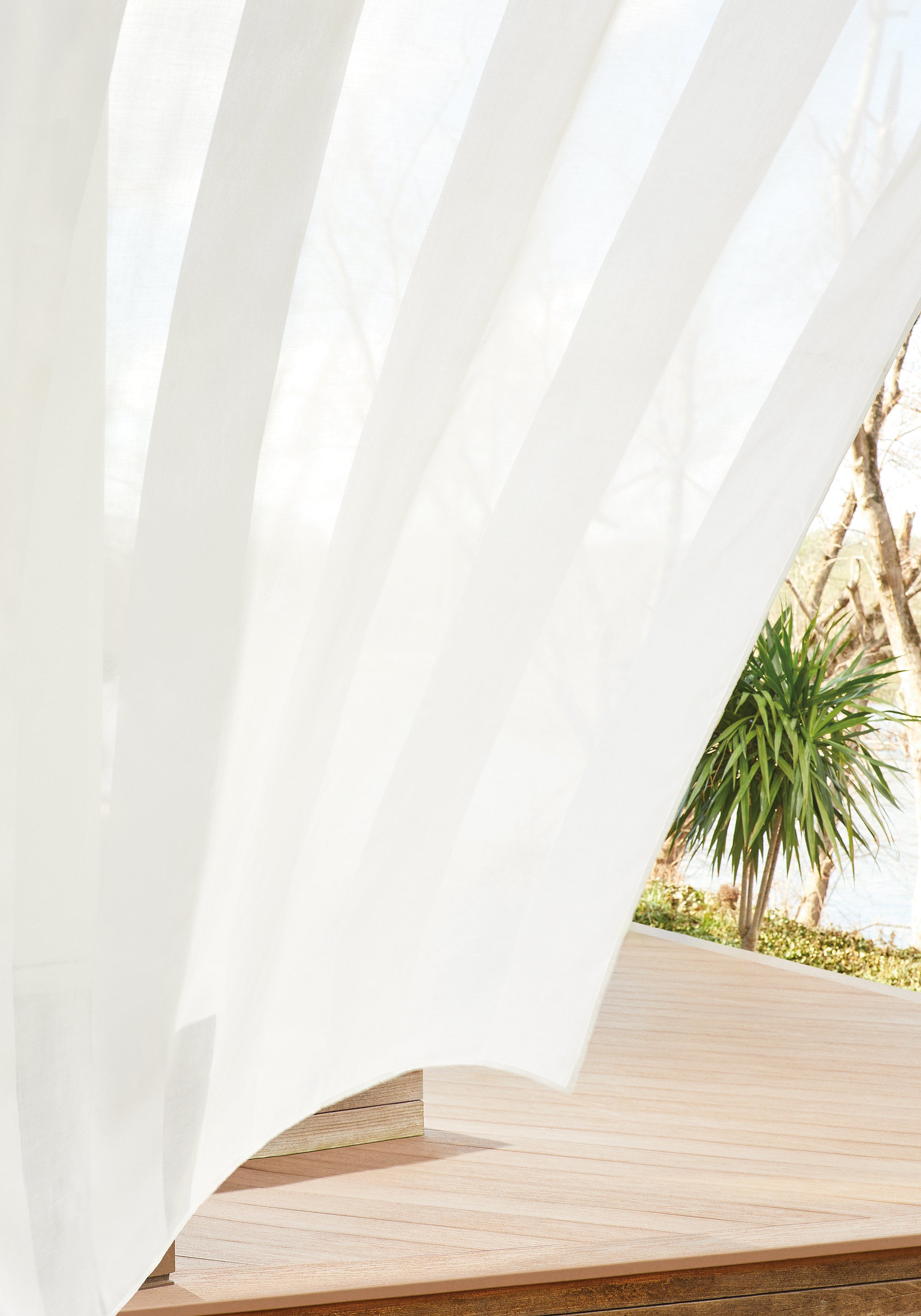 Sheer curtains made from Cabra Stripe fabric in snow white color - pattern number FWW7155 - by Thibaut fabrics
