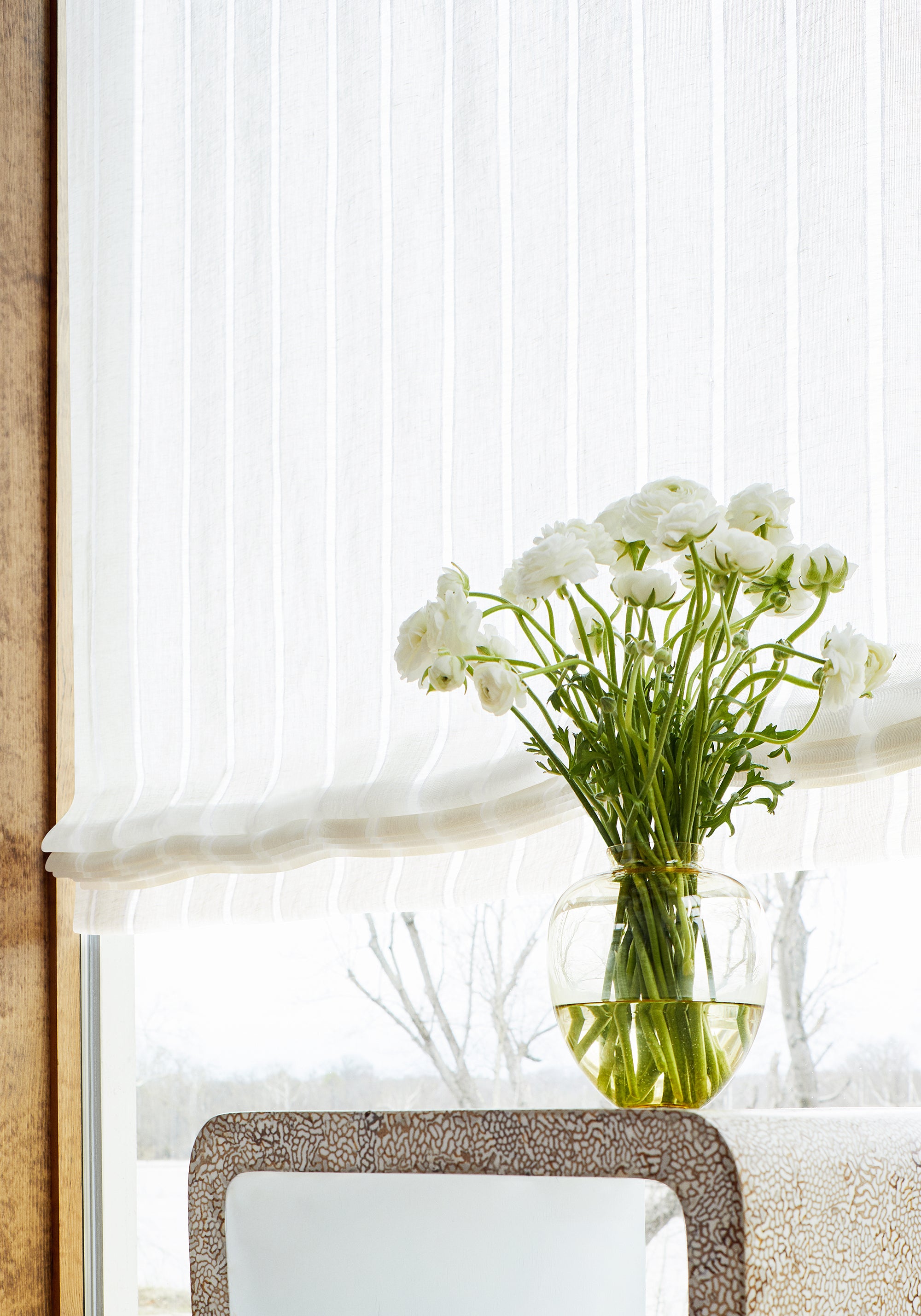 Sheer drapery curtains made with Thibaut Carlisle Stripe woven fabric in Linen color pattern FWW7117