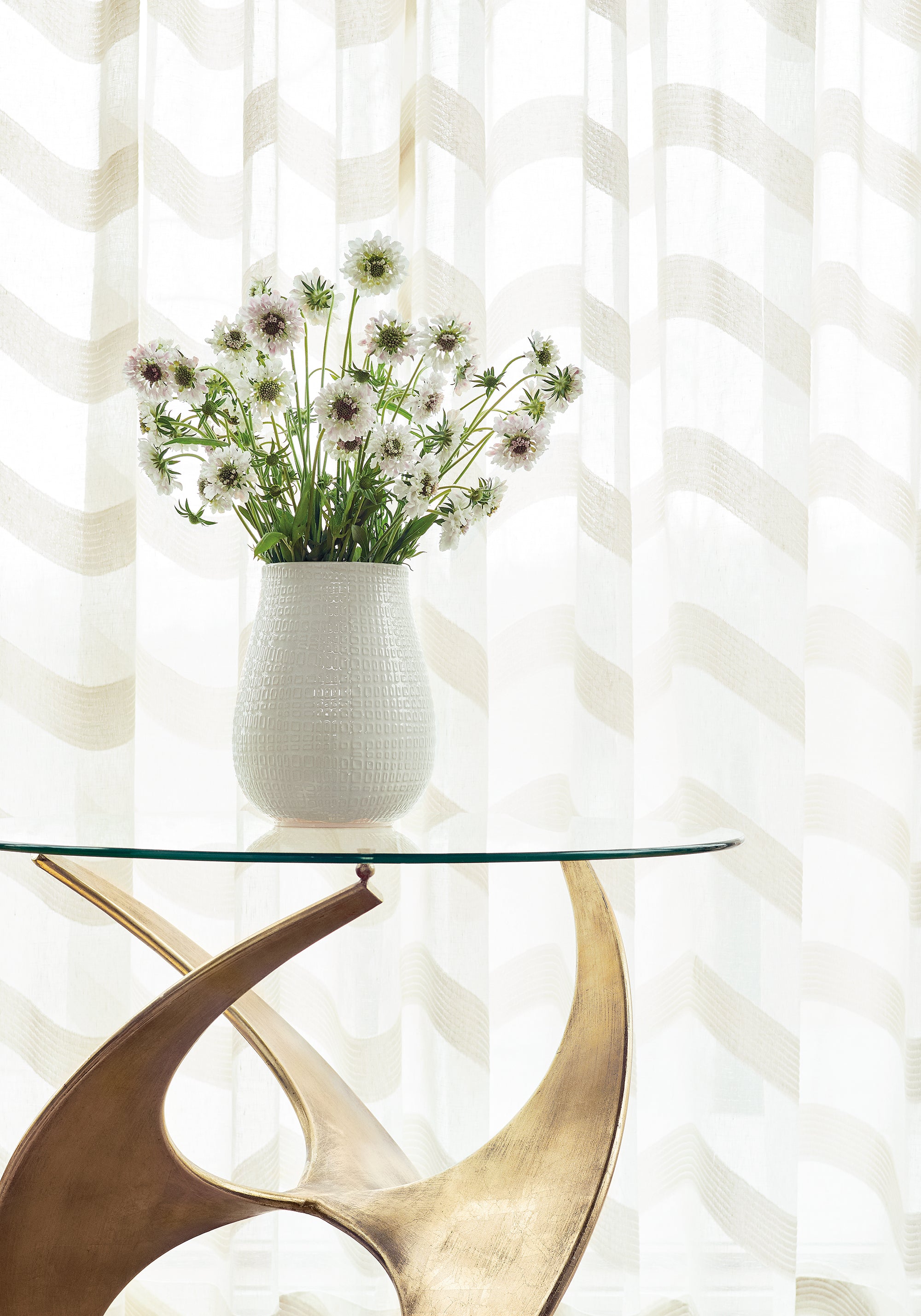 Sheer curtains made with Thibaut Cassidy Sheer woven fabric in Snow White color pattern FWW7147