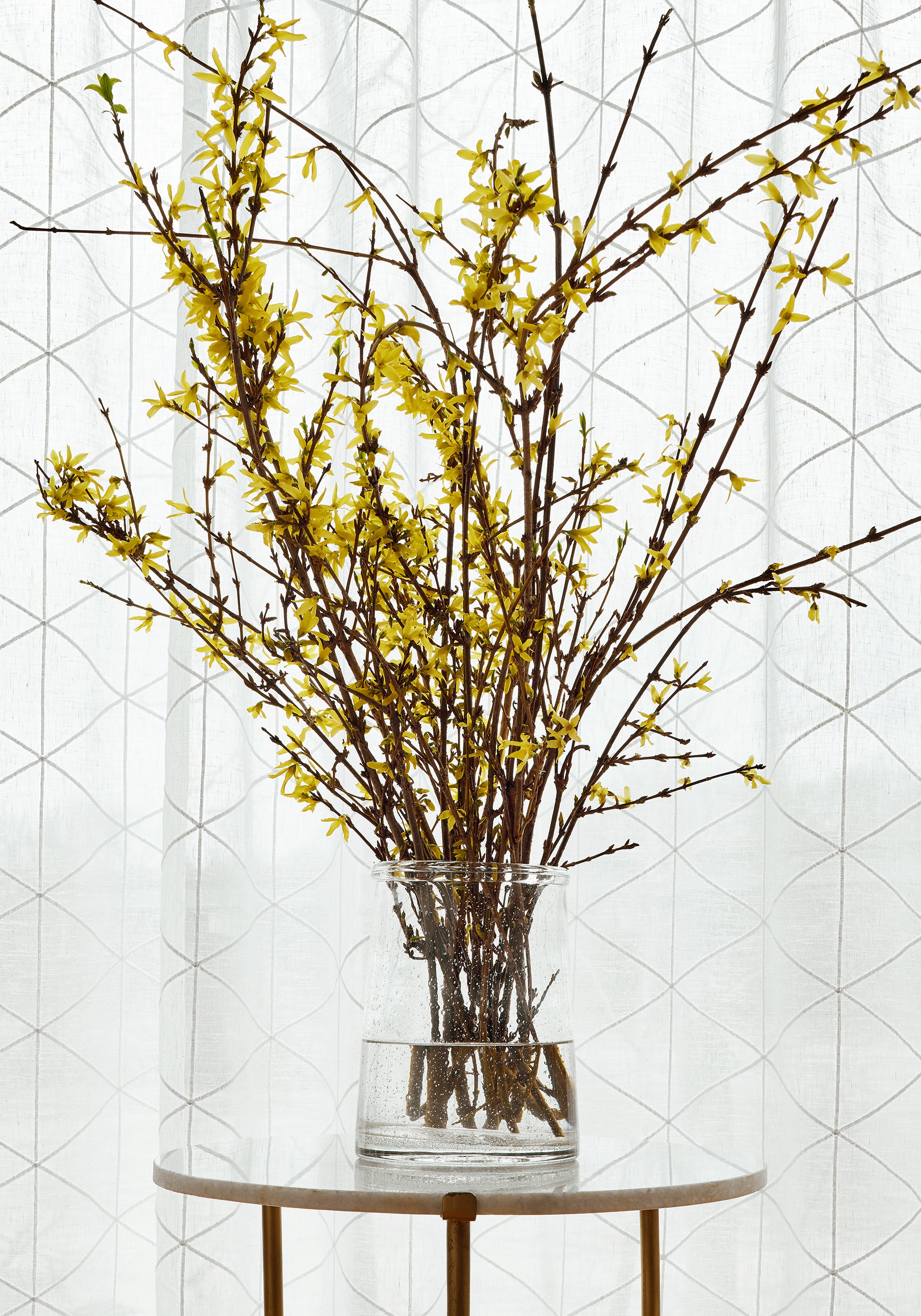 Sheer drapery curtains made with Thibaut Concord Embroidery woven fabric in Snow White