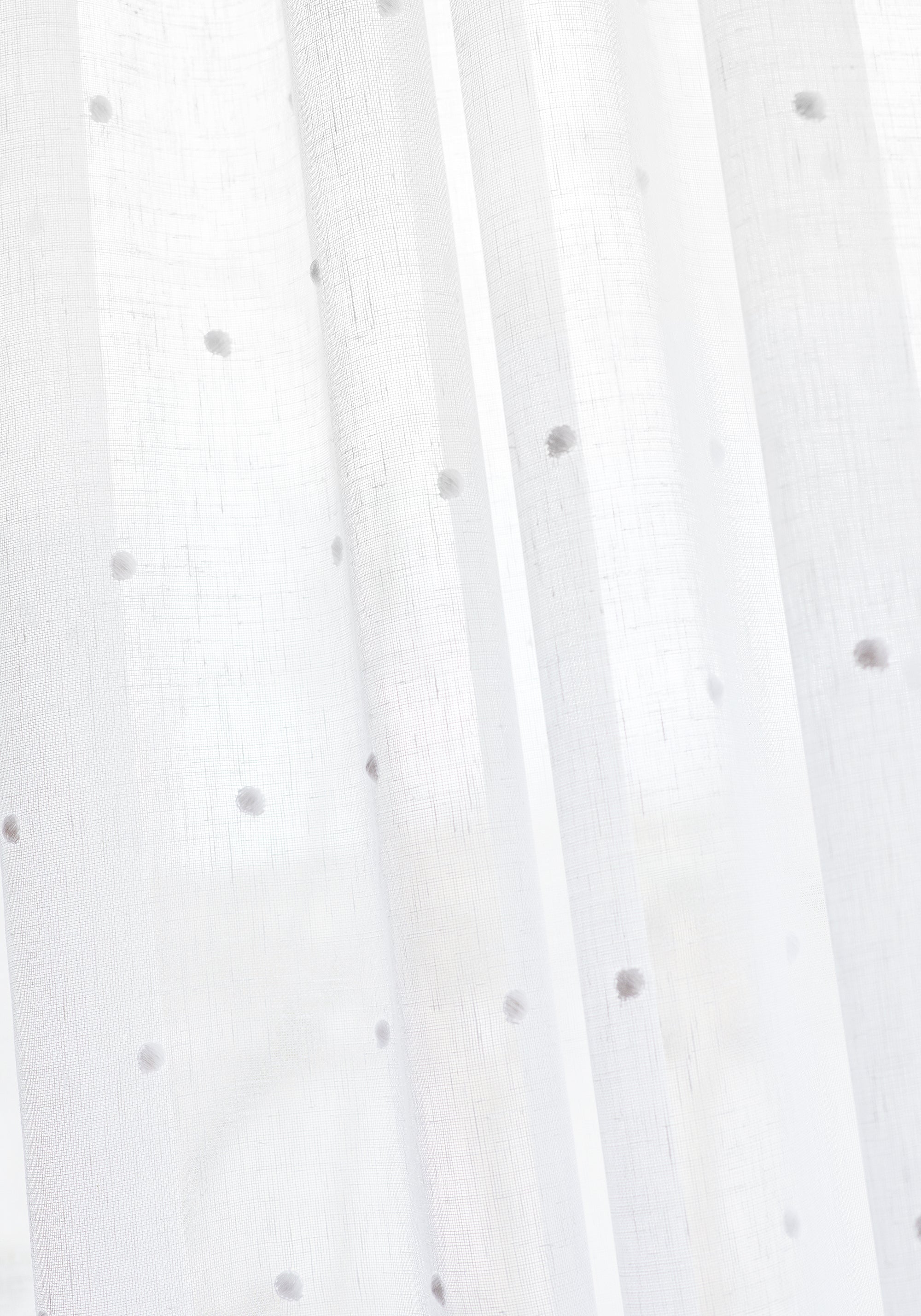 detail photo of sheer curtains made with Thibaut Dixie Embroidery woven fabric in Snow White color, pattern FWW7169