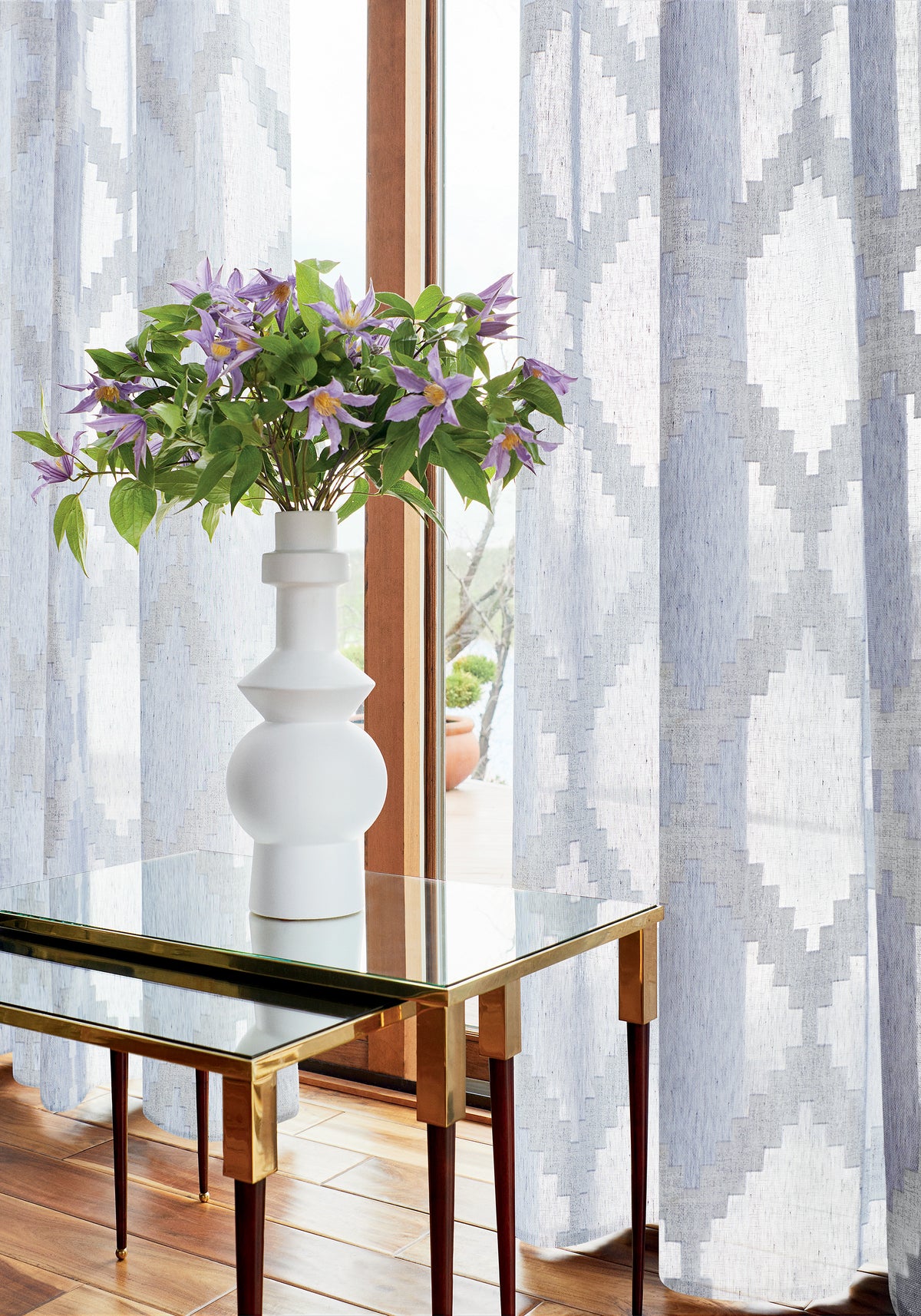 Drapery curtains made with Thibaut Harlow Sheer woven fabric in Navy color pattern FWW7131
