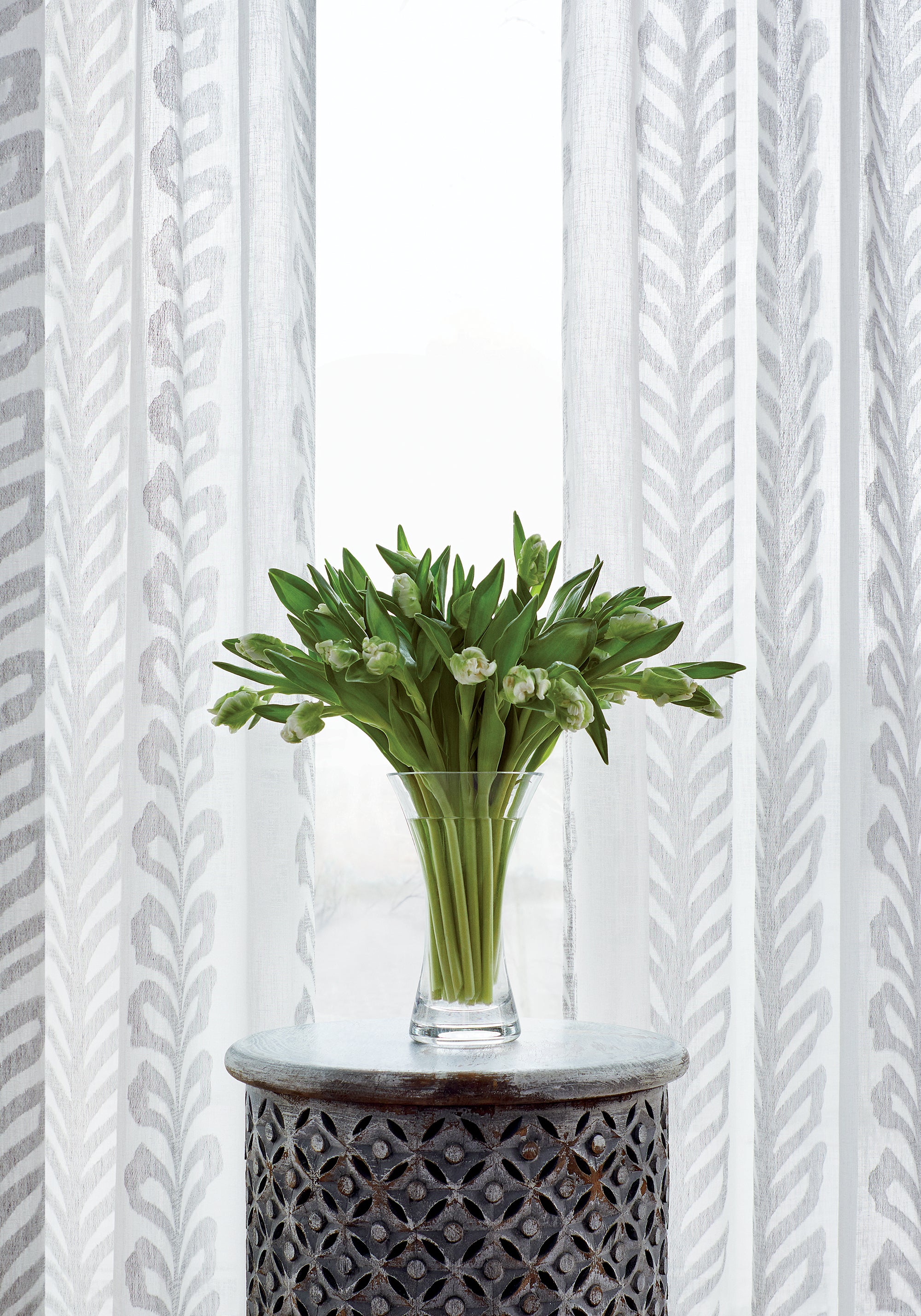 Sheer curtains made with Thibaut Lenox Sheer woven fabric in Smoke color pattern FWW7146