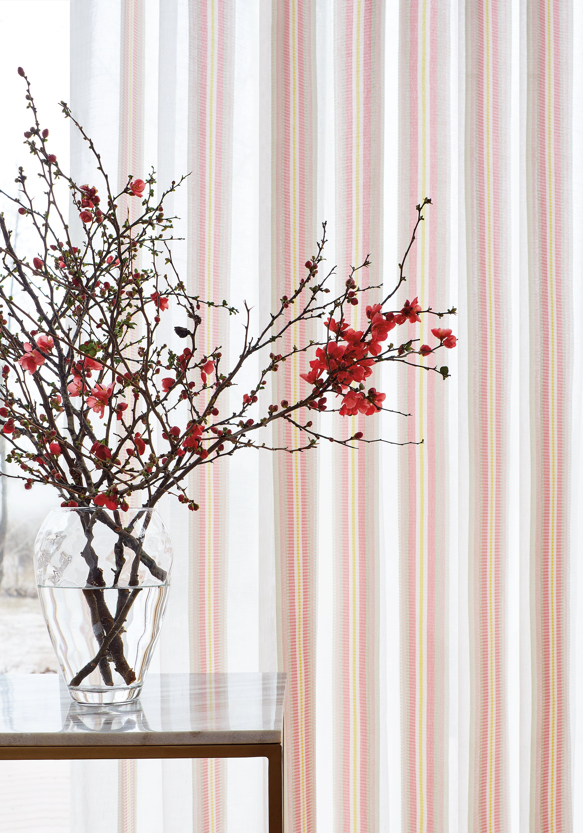 Curtains made with Thibaut Stanley Stripe woven fabric in Pink Lemonade pattern FWW7160