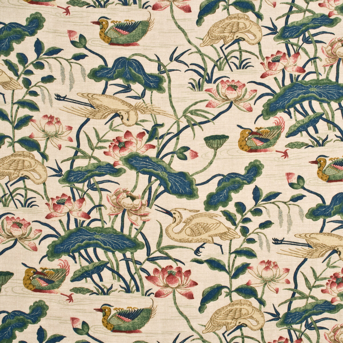 Heron &amp; Lotus Flower fabric in indigo/pink color - pattern BP10307.2.0 - by G P &amp; J Baker in the Emperor&
