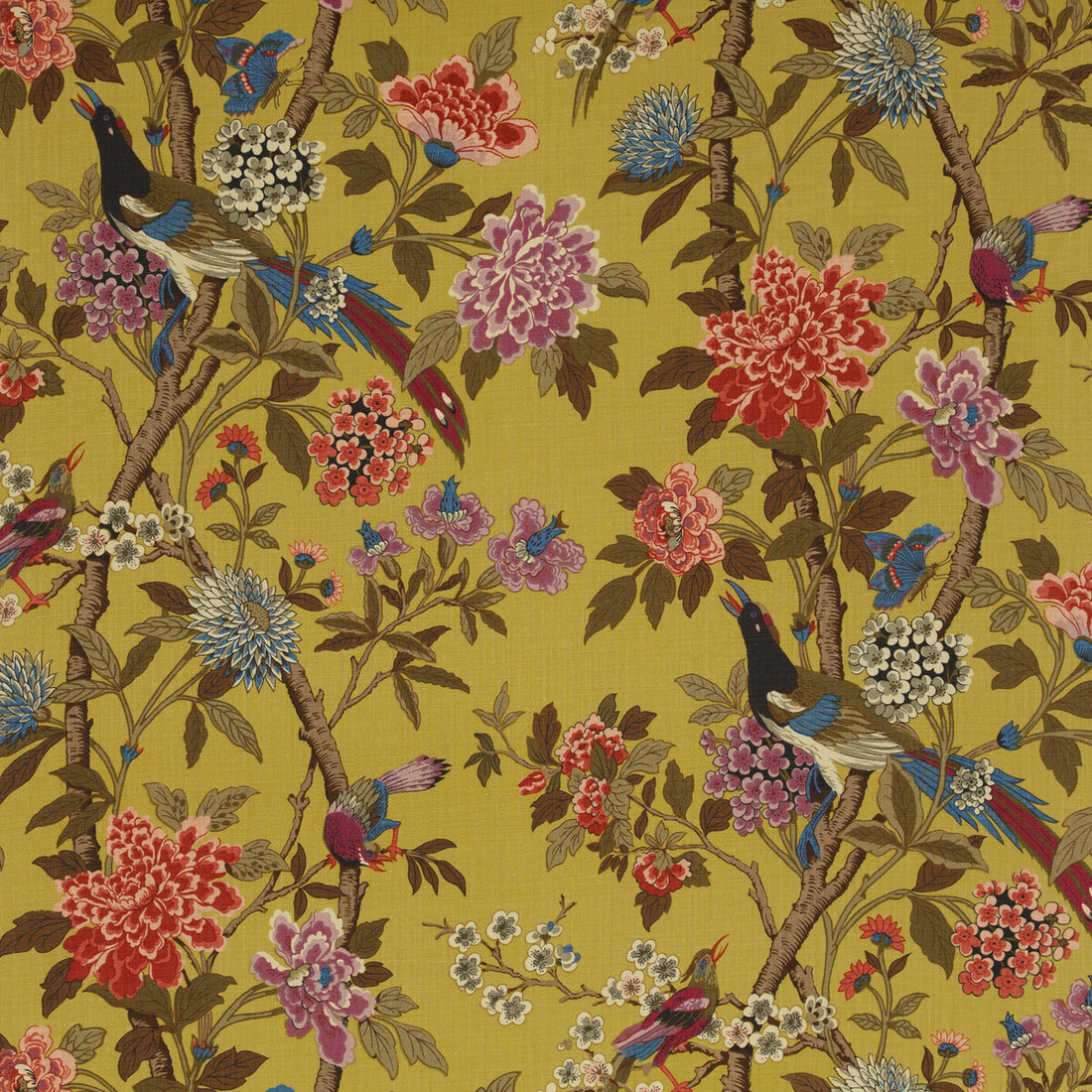 Hydrangea Bird fabric in ochre color - pattern BP10723.1.0 - by G P &amp; J Baker in the East To West collection