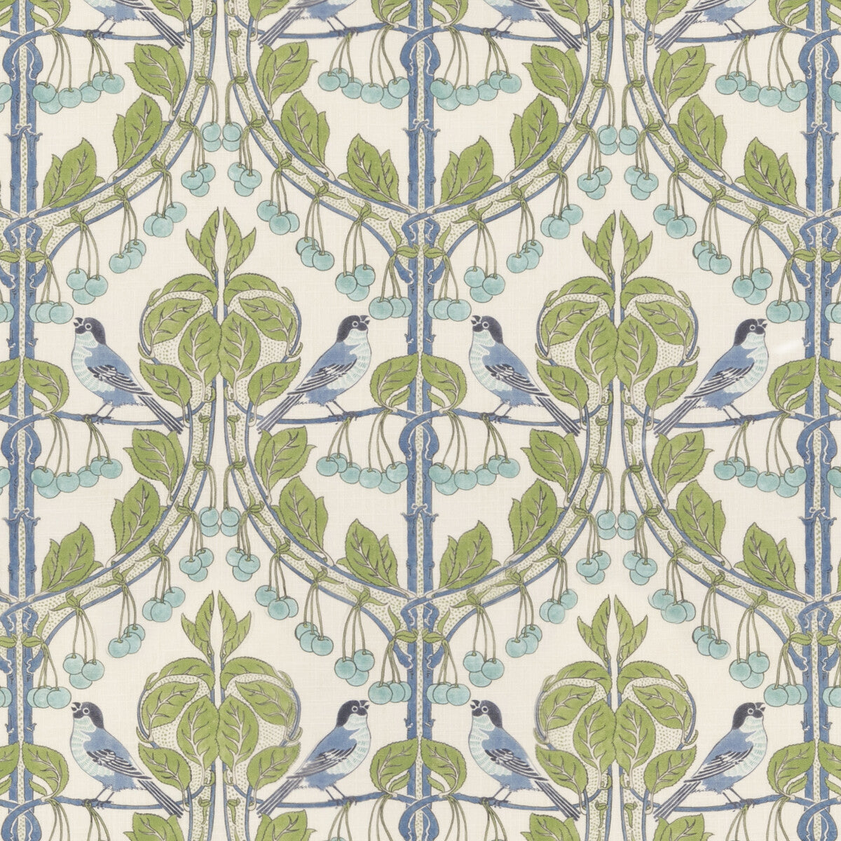 Birds & Cherries fabric in green/blue color - pattern BP10993.1.0 - by G P & J Baker in the Original Brantwood Fabric collection