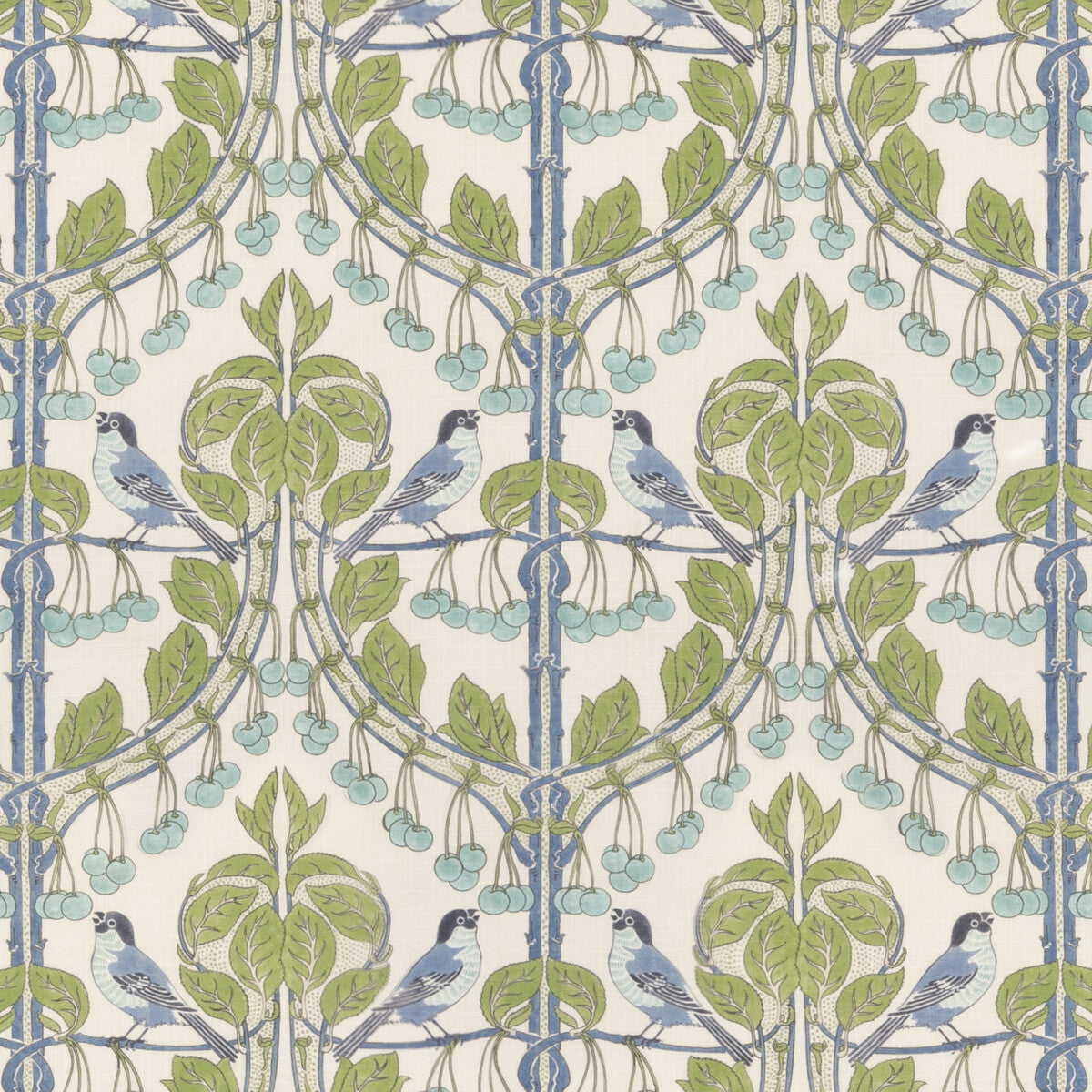 Birds &amp; Cherries fabric in green/blue color - pattern BP10993.1.0 - by G P &amp; J Baker in the Original Brantwood Fabric collection