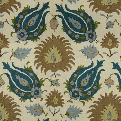 Kashmiri Linen Print fabric in teal blue/taupe color - pattern BR-700020.225.0 - by Brunschwig &amp; Fils in the Les Alizes collection