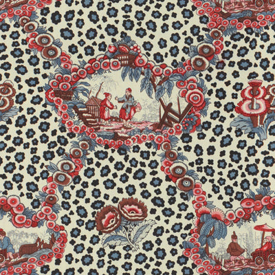Chinese Leopard Toile fabric in shades of red & blue color - pattern BR-79227.01.0 - by Brunschwig & Fils