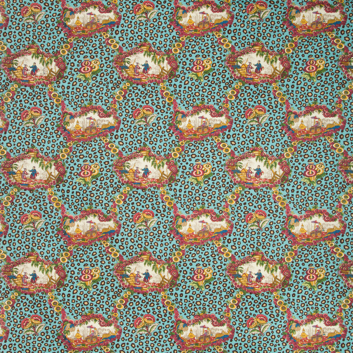 Chinese Leopard Toile fabric in aqua/berry color - pattern BR-79227.139.0 - by Brunschwig & Fils in the Cevennes collection