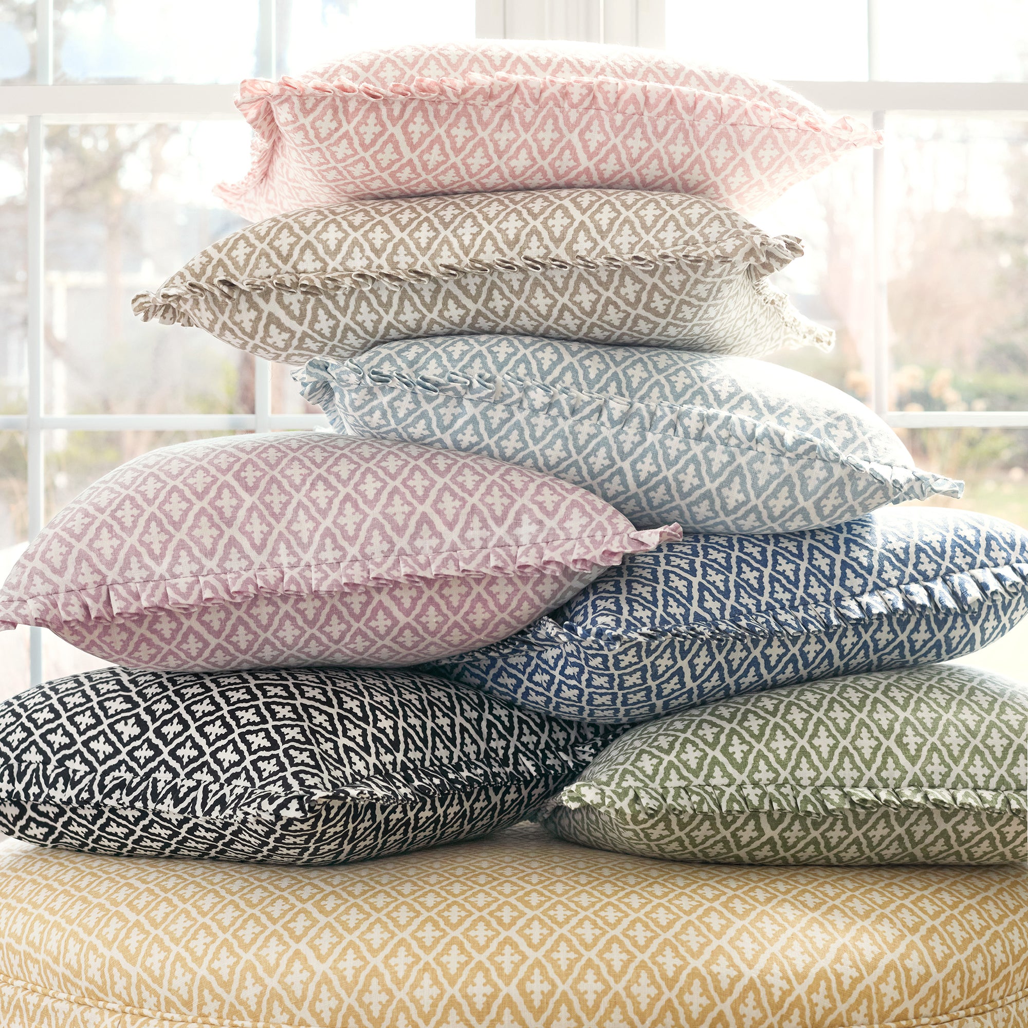 Collection of wyndham ottoman and pillow fabrics in Lindsey printed fabric featuring navy color fabric - pattern number AF57815 - by Anna French in the Bristol collection