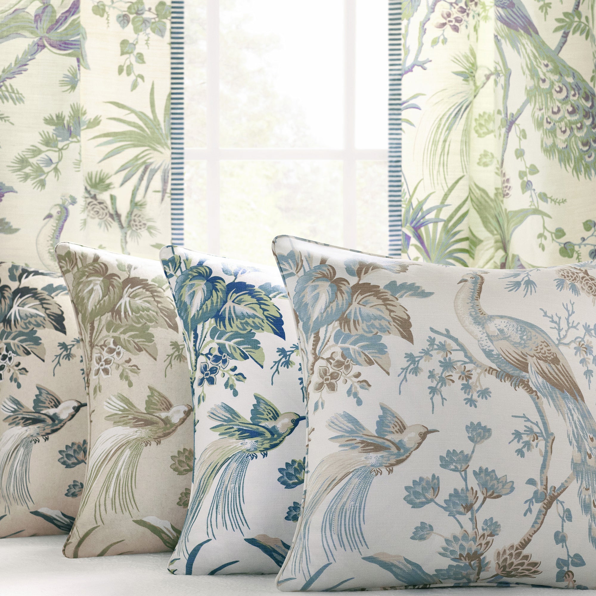 Collection of draperies and pillow fabrics in Peacock toile printed fabric featuring green and plum color fabric - pattern number AF57829 - by Anna French in the Bristol collection