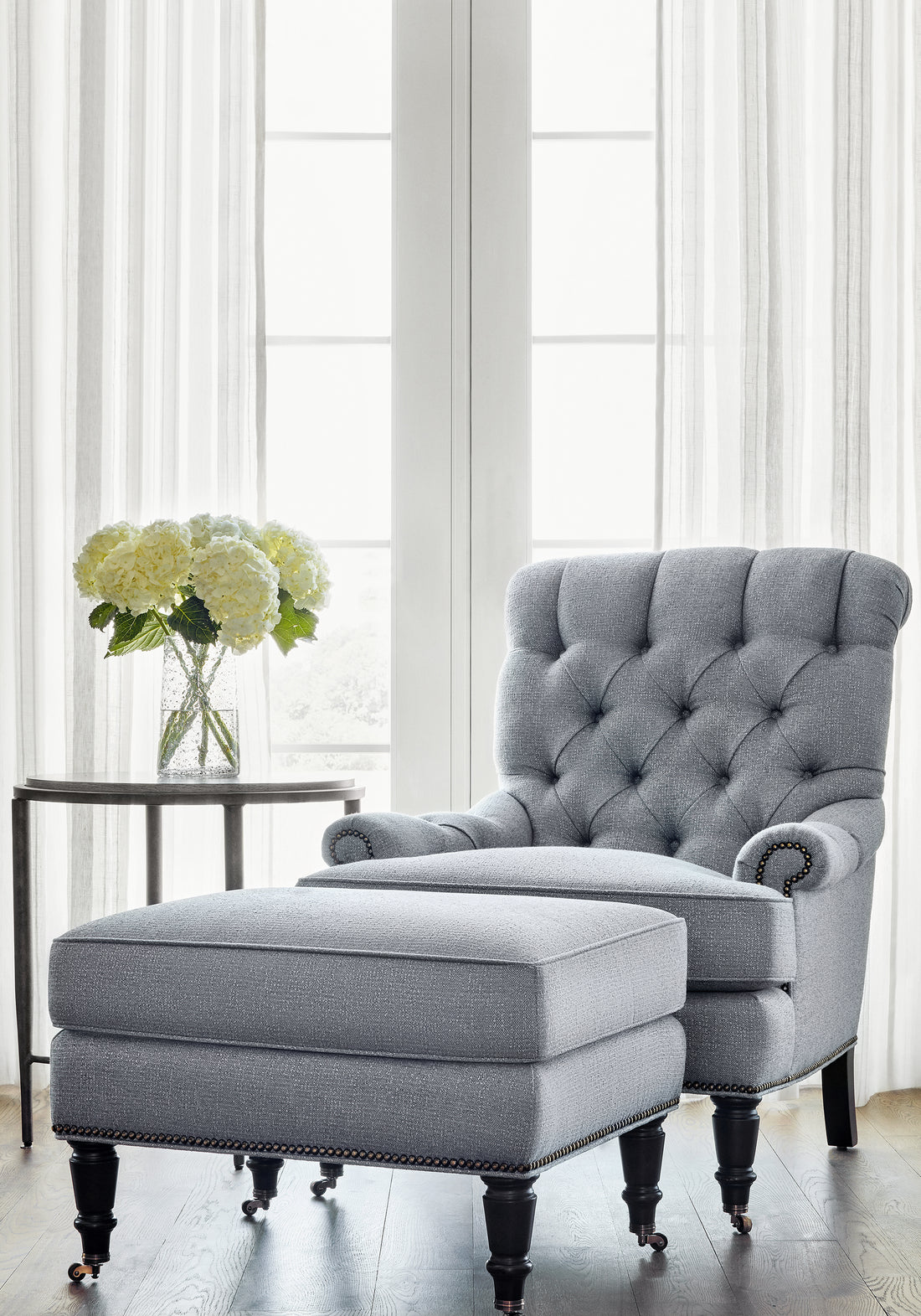 Cambridge Chair and Newbury Ottoman in Thibaut Everly woven fabric in Smoke color - pattern number W74062 - in the Cadence collection