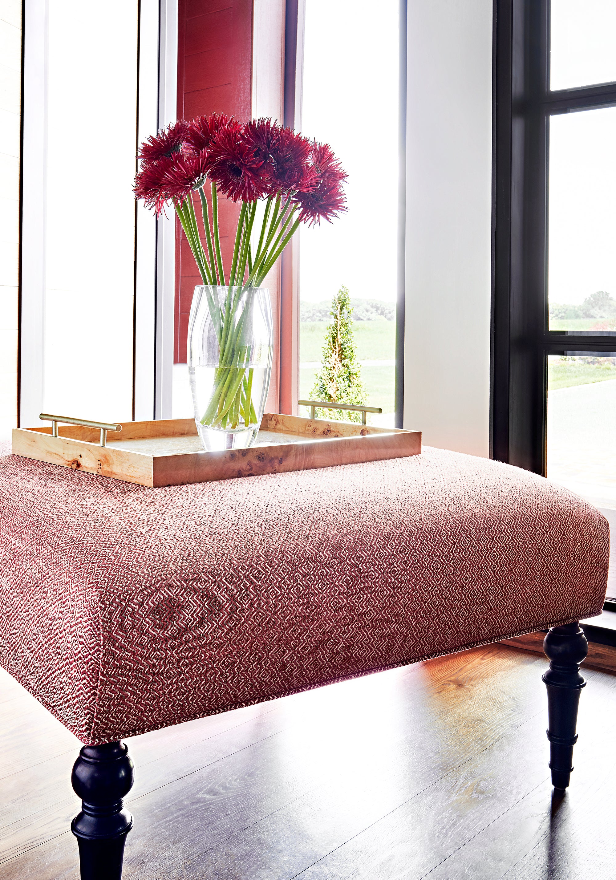 Baxter Ottoman in Thibaut Kingsley woven fabric in Claret color - pattern number W74067 - in the Cadence collection