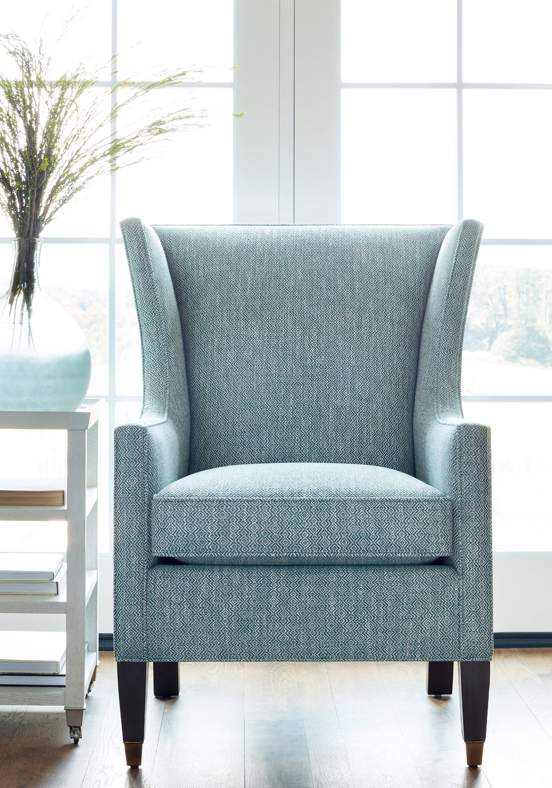 Princeton Wing Chair made with Thibaut Kingsley woven fabric in Teal color - pattern number W74069