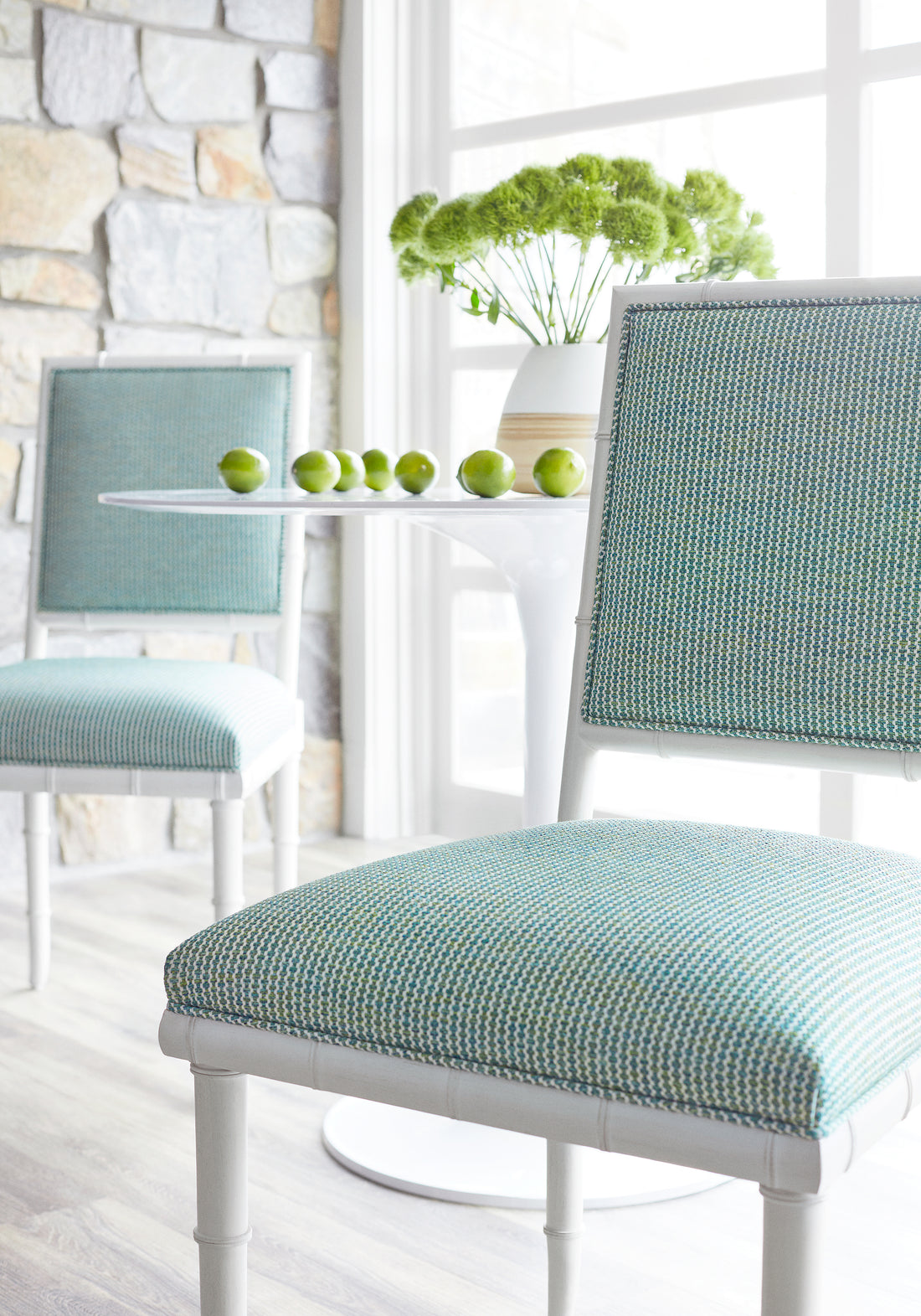 Darien Dining Chairs upholstered in Thibaut Ryder woven fabric in Emerald color - pattern W74086