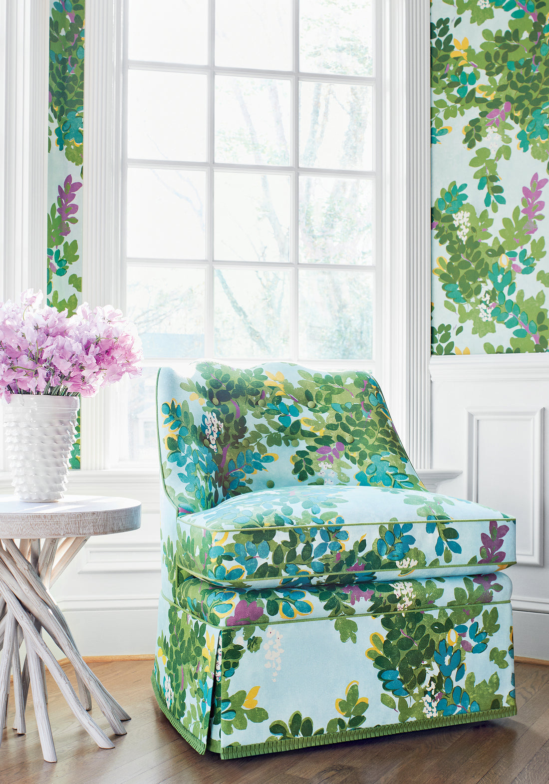 Brentwood Chair upholstered in Thibaut Central Park printed fabric in Sky Blue color - pattern F914334