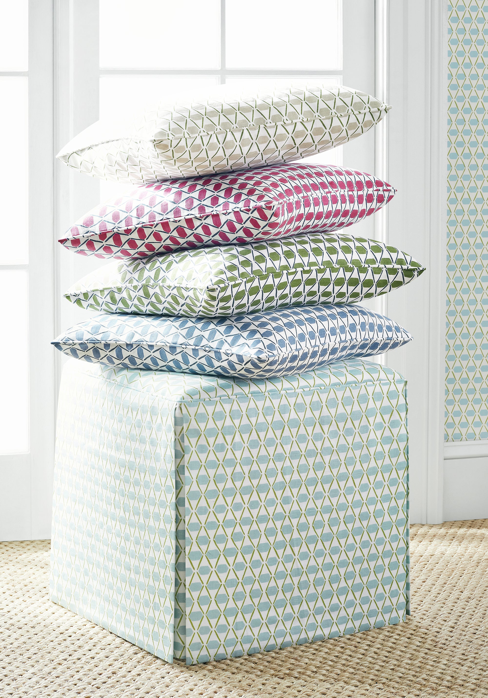 Pillow made with Thibaut Denver fabric in pink and blue color - pattern number F914325