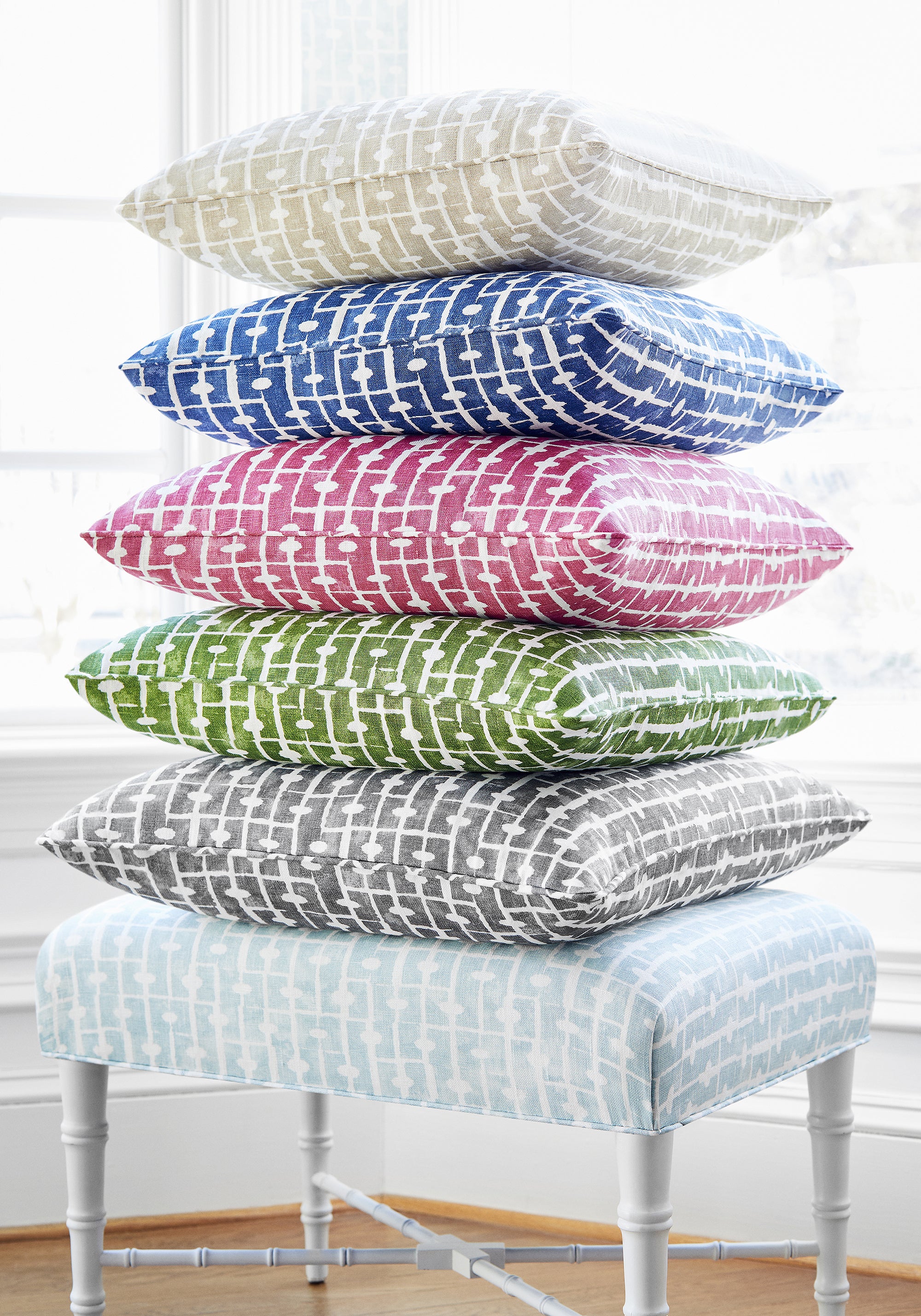 Pillow made with Thibaut Haven fabric in green color - pattern F914309