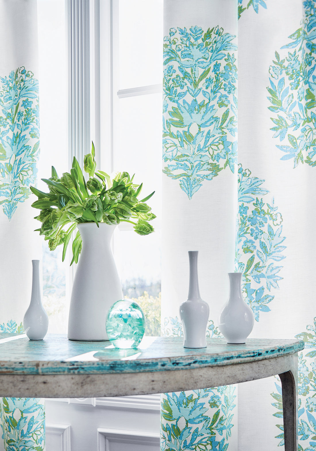 Drapery curtains made from Thibaut Ridgefield fabric in green and spa blue color - pattern F914323