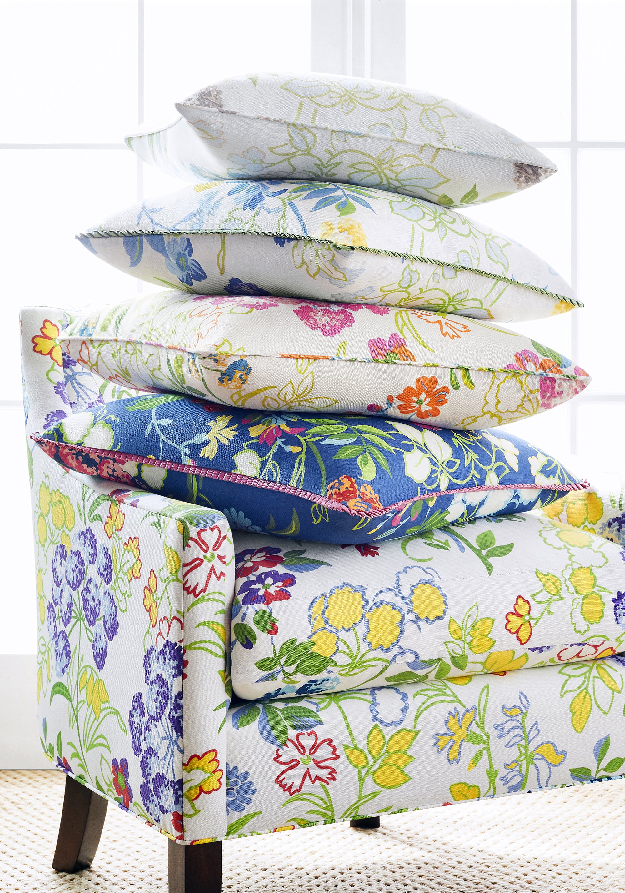 Everett Chair upholstered in Thibaut Spring Garden printed fabric in Brights color pattern number F914341