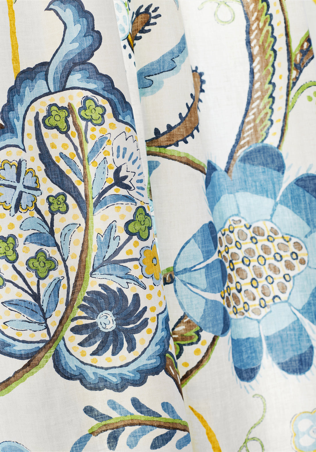 Close up detail of drapery curtains made from Thibaut Windsor printed fabric in Blue and Yellow color pattern number F914300