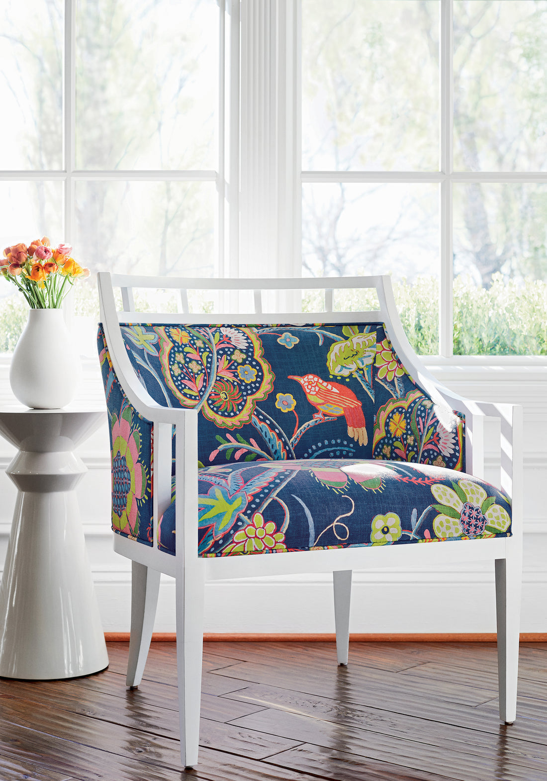 Malibu Chair upholstered with Thibaut Windsor printed fabric in Navy color - pattern number F914303