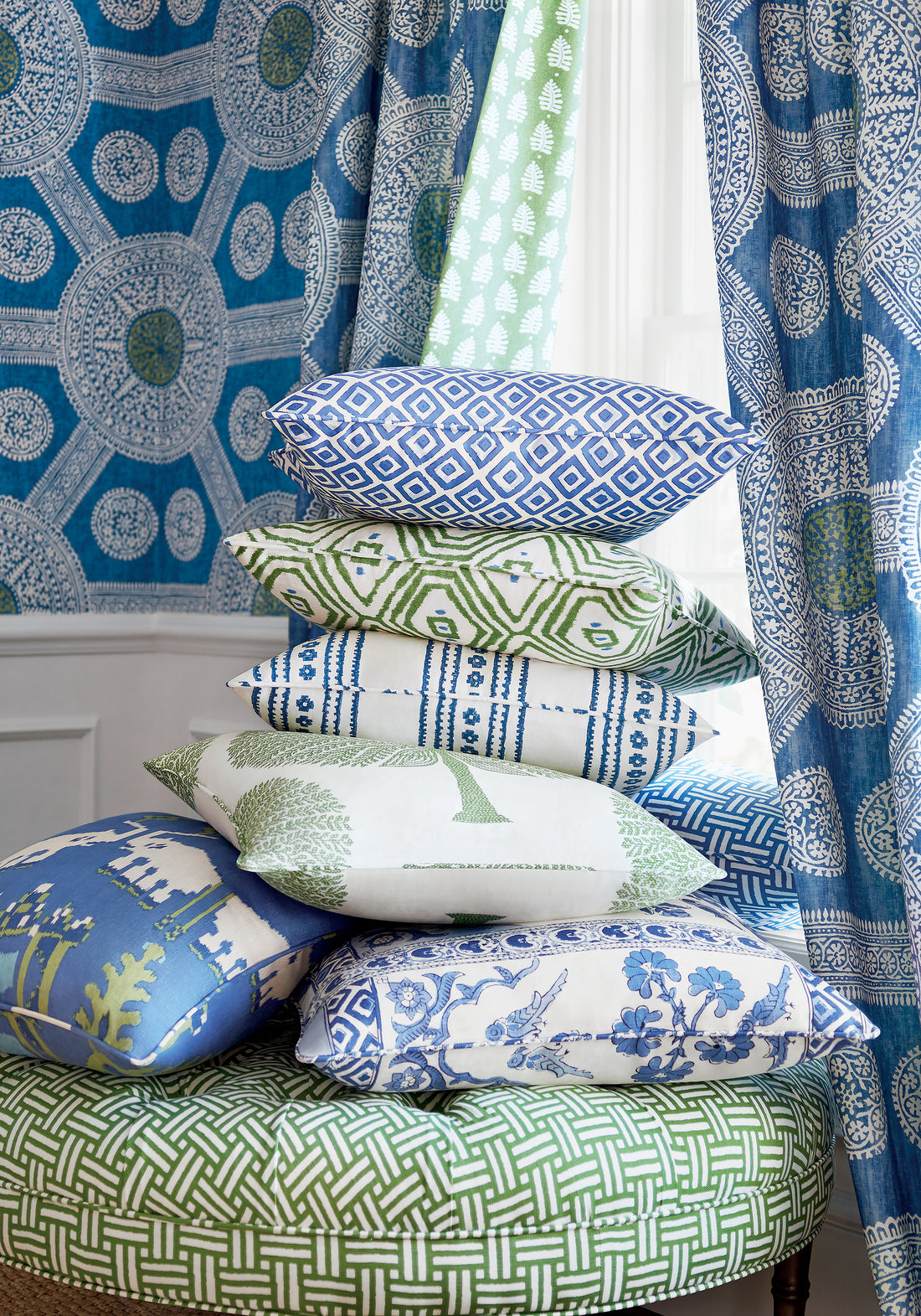 Drapery curtains made with Thibaut Stonington fabric in blue and green color - pattern number F910636