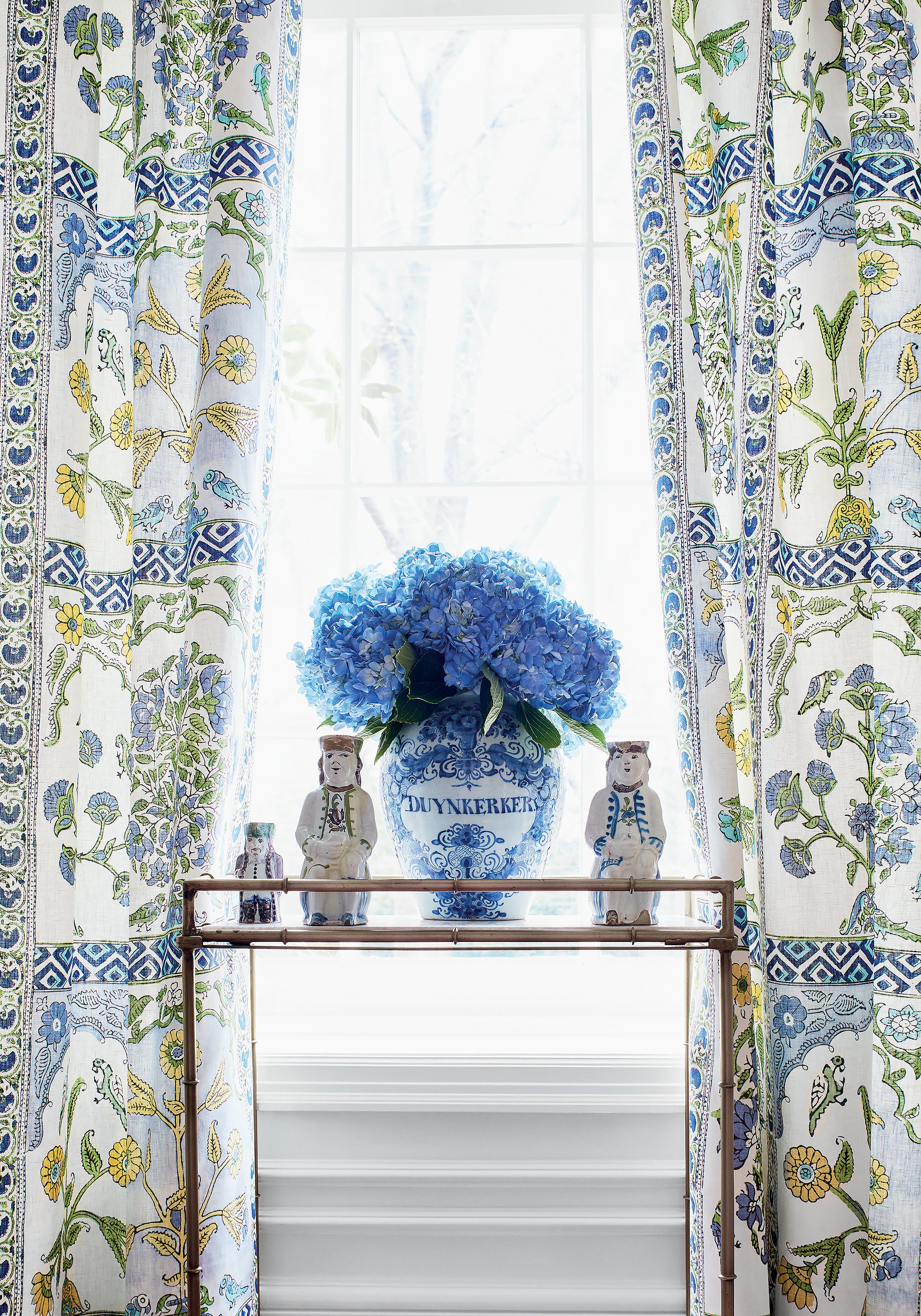 Drapery curtains made with Thibaut Indian Panel printed fabric in Blue and Yellow color - pattern number F910628