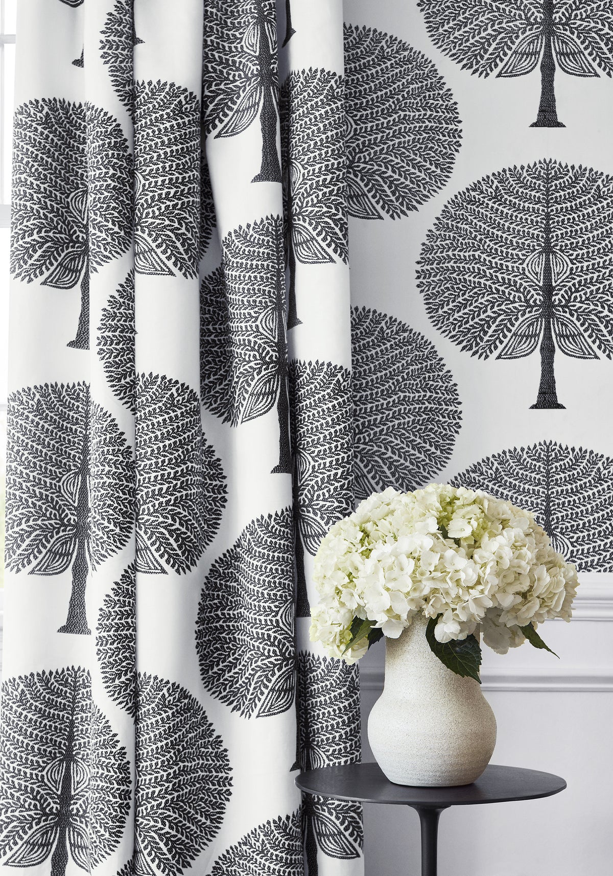 Drapery curtains made with Mulberry Tree fabric in black and white color - pattern number F910602