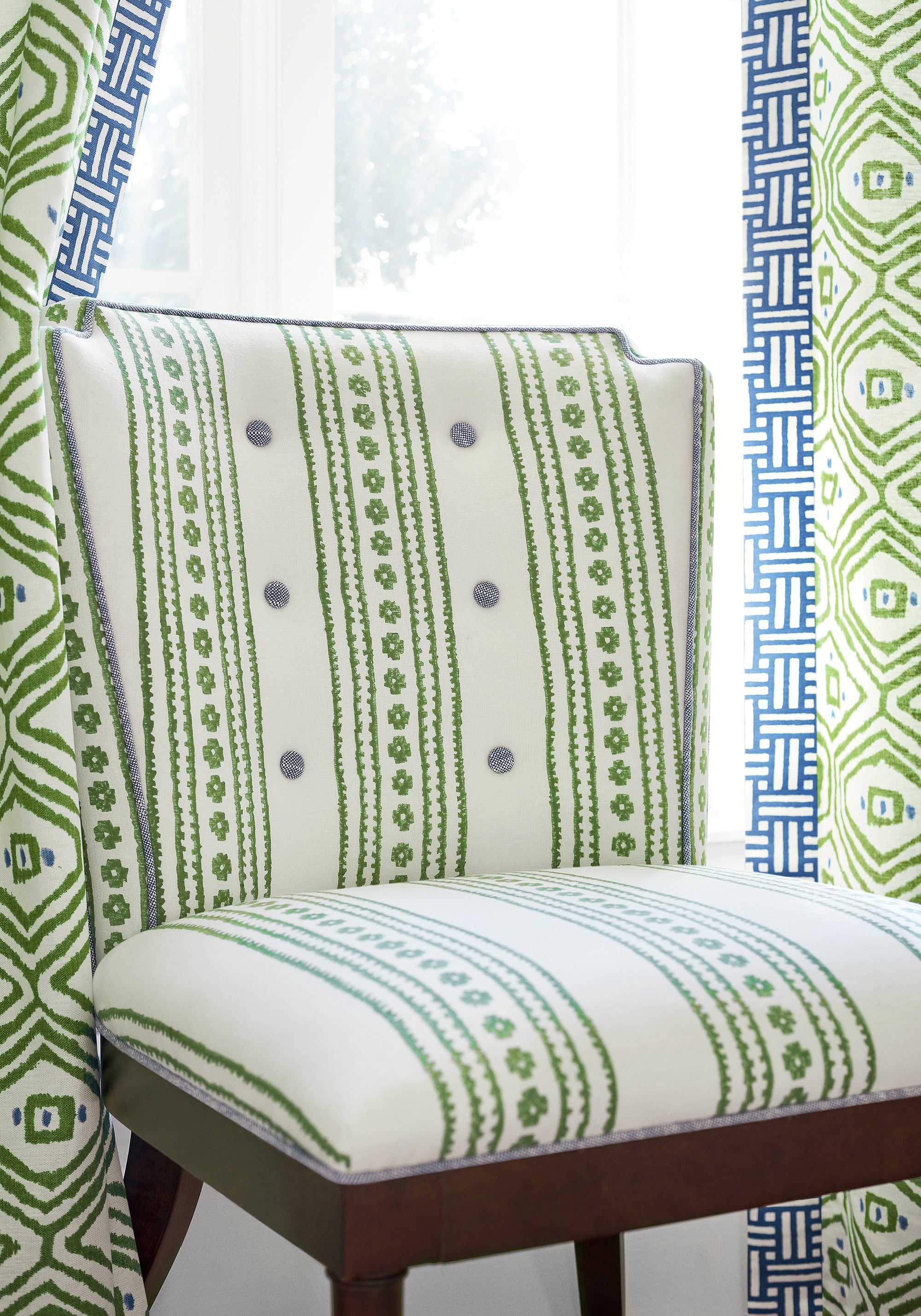 Stirling dining chair upholstered in Thibaut new haven stripe printed fabric in green color, pattern number F910607
