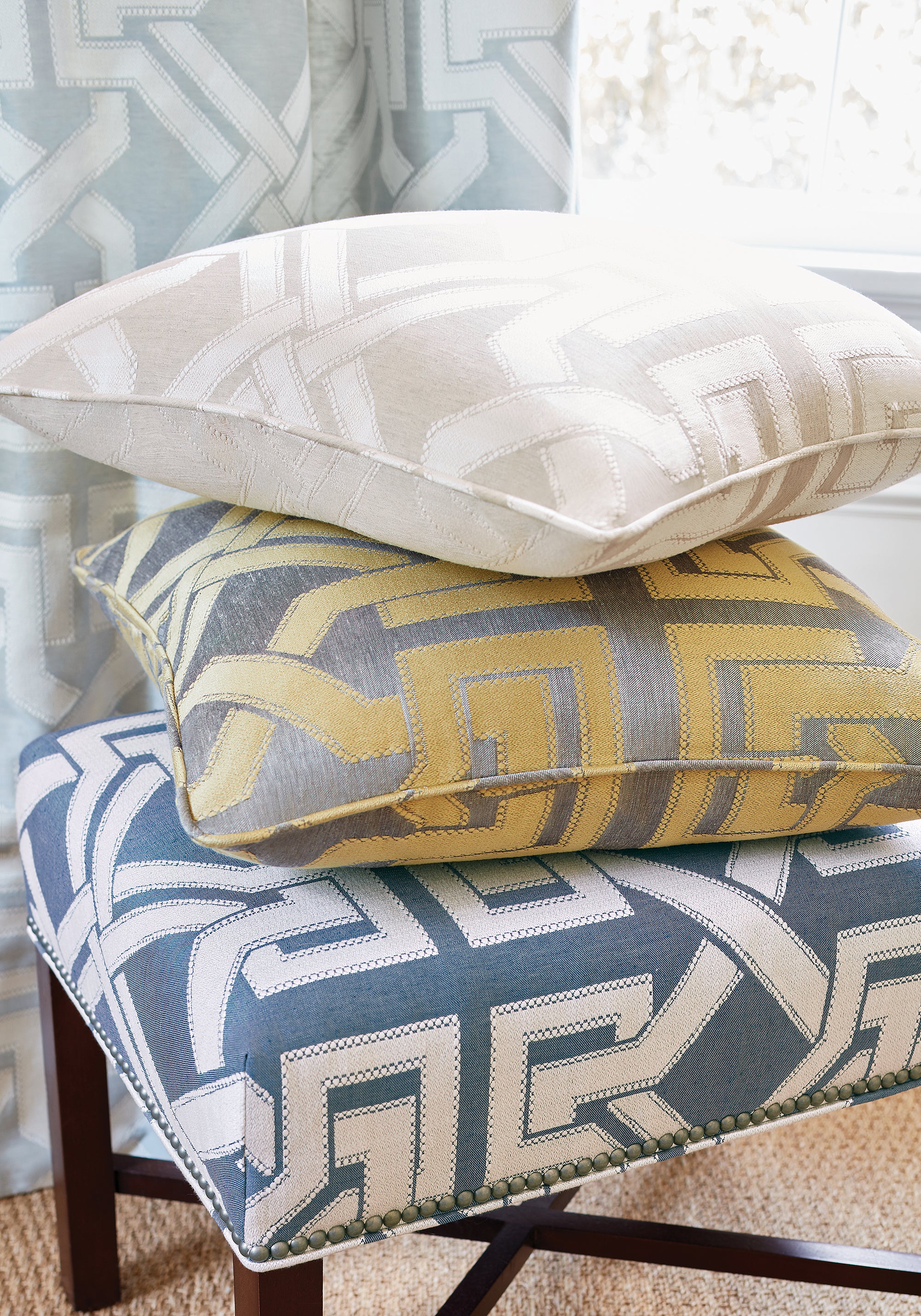 Collection of fabrics and Bellwood Ottoman in Chestnut Hill woven fabric in featuring flax color fabric - pattern number W772579 - by Thibaut in the Chestnut Hill collection