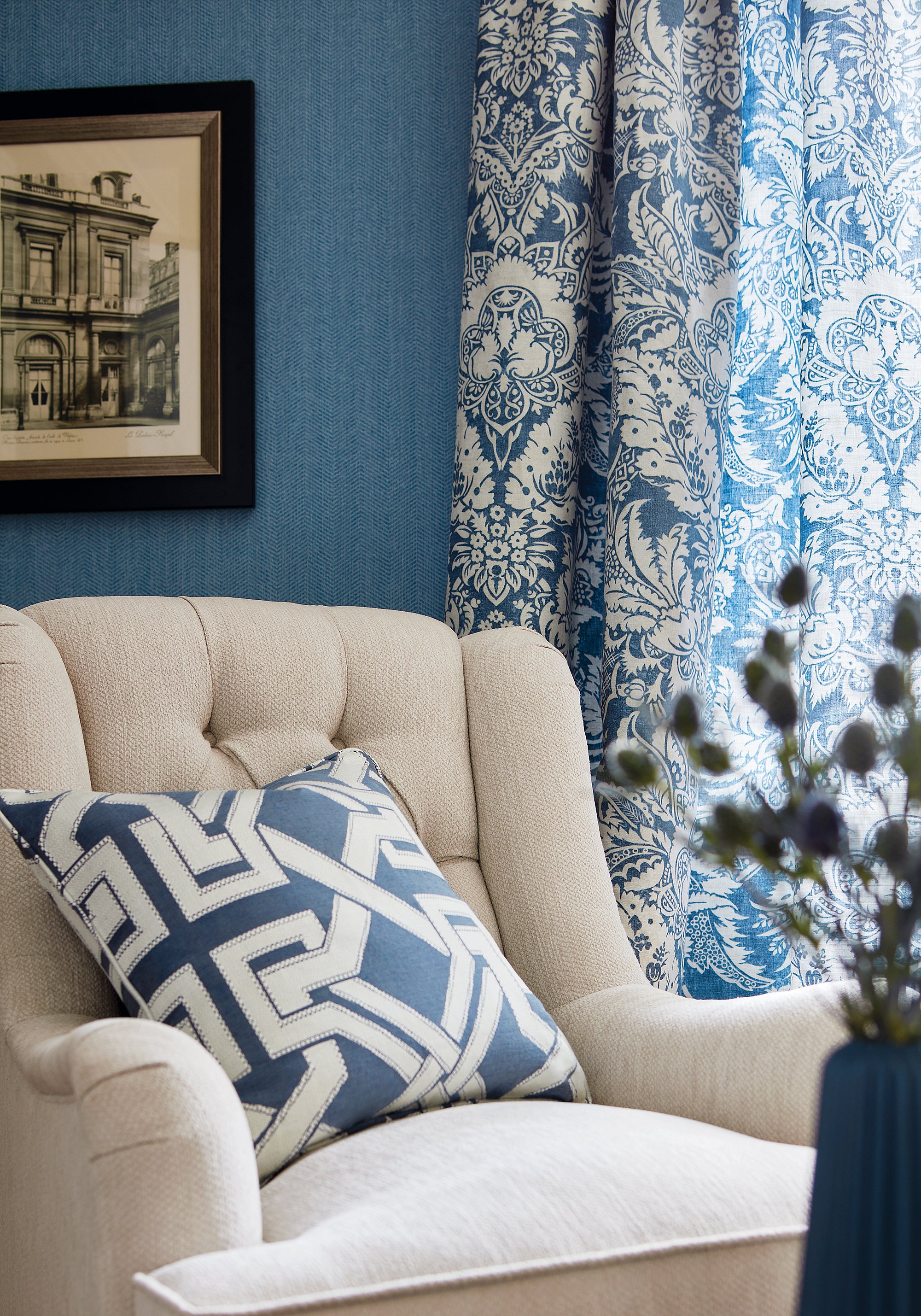 Detailed view of Newport Wing Chair in Orion woven stain resistant fabric in flax color variant by Thibaut in the Mosaic collection - pattern number W80472