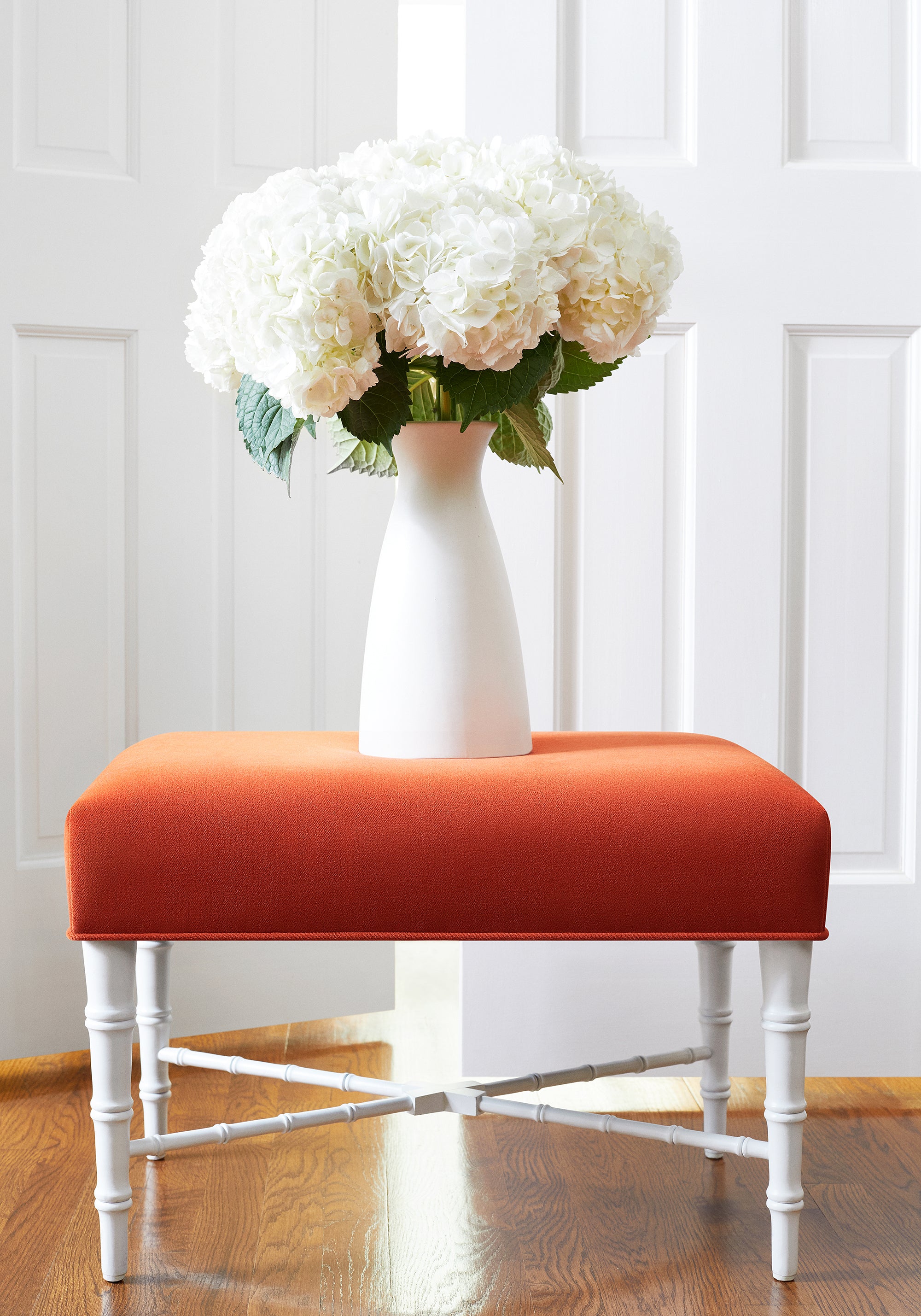 Eaton Ottoman in Club Velvet sustainable woven fabric in autumn color - pattern number W7202 by Thibaut in the Club Velvet collection