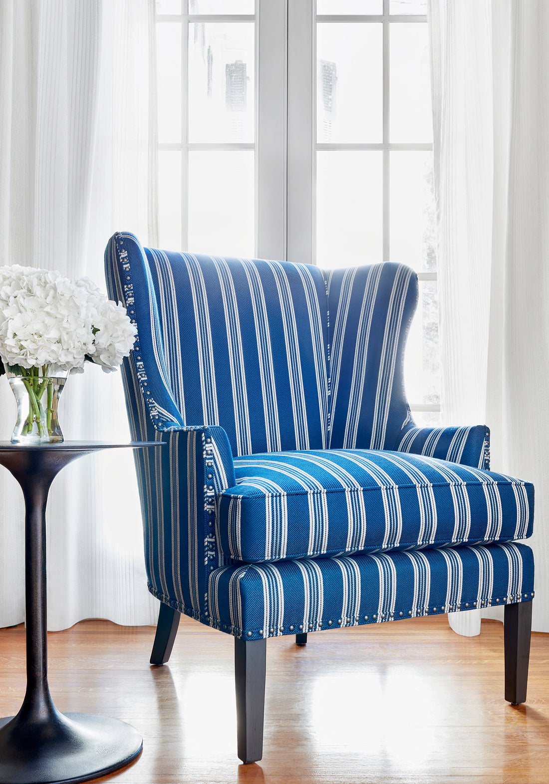 Monterey Chair in Colonnade Stripe woven fabric in navy color - pattern number W80735 - by Thibaut in the Woven Resource Vol 11 Rialto collection