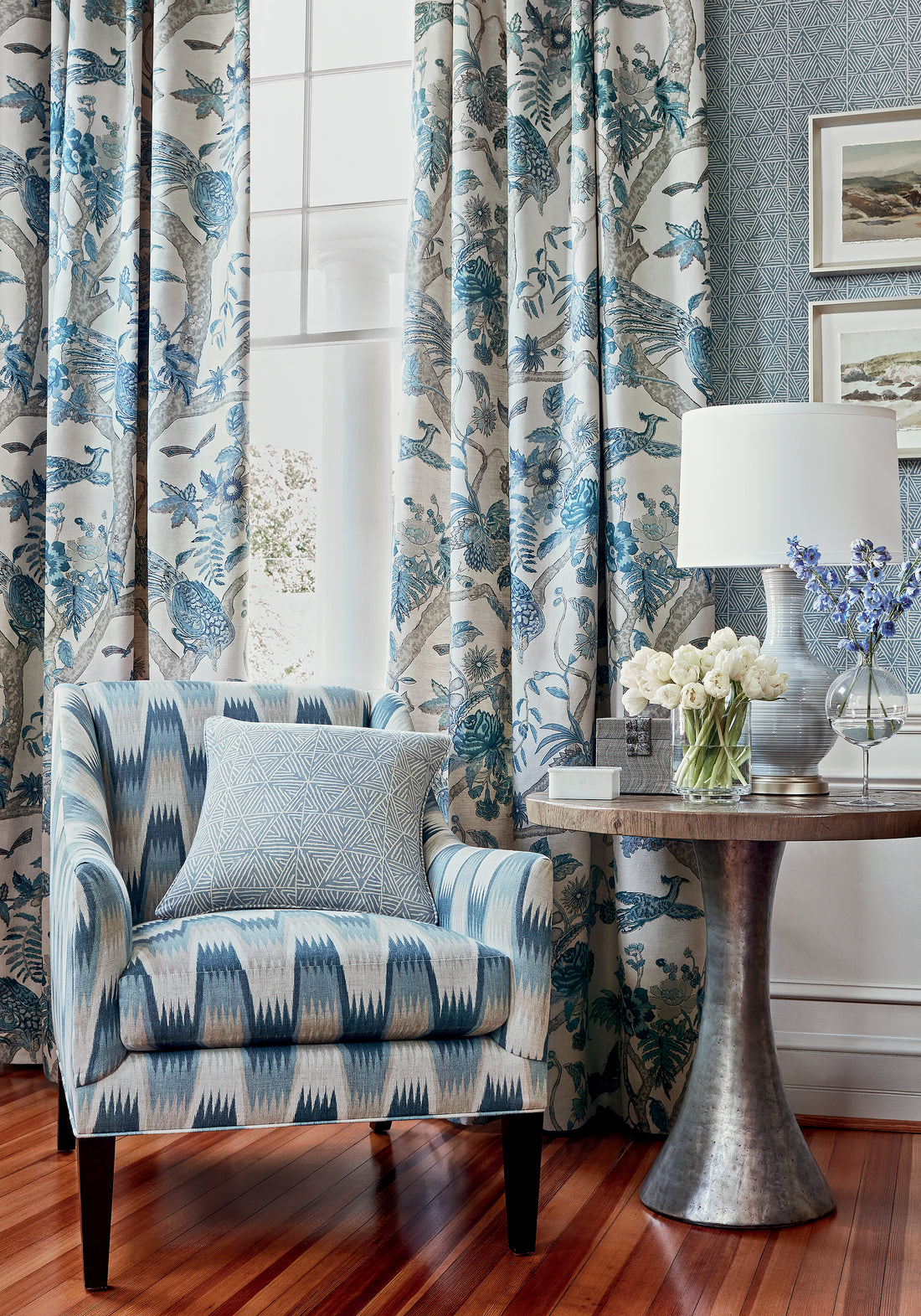 Saybrook chair in Stockholm Chevron printed fabric in slate blue color - pattern number F910241 by Thibaut in the Colony collection