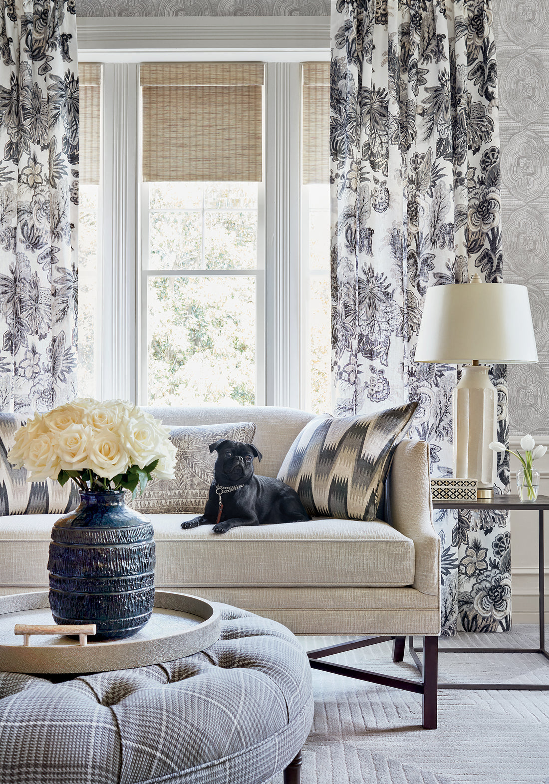 Drapery in Floral Gala printed fabric in grey color - pattern number F910218 by Thibaut in the Colony collection