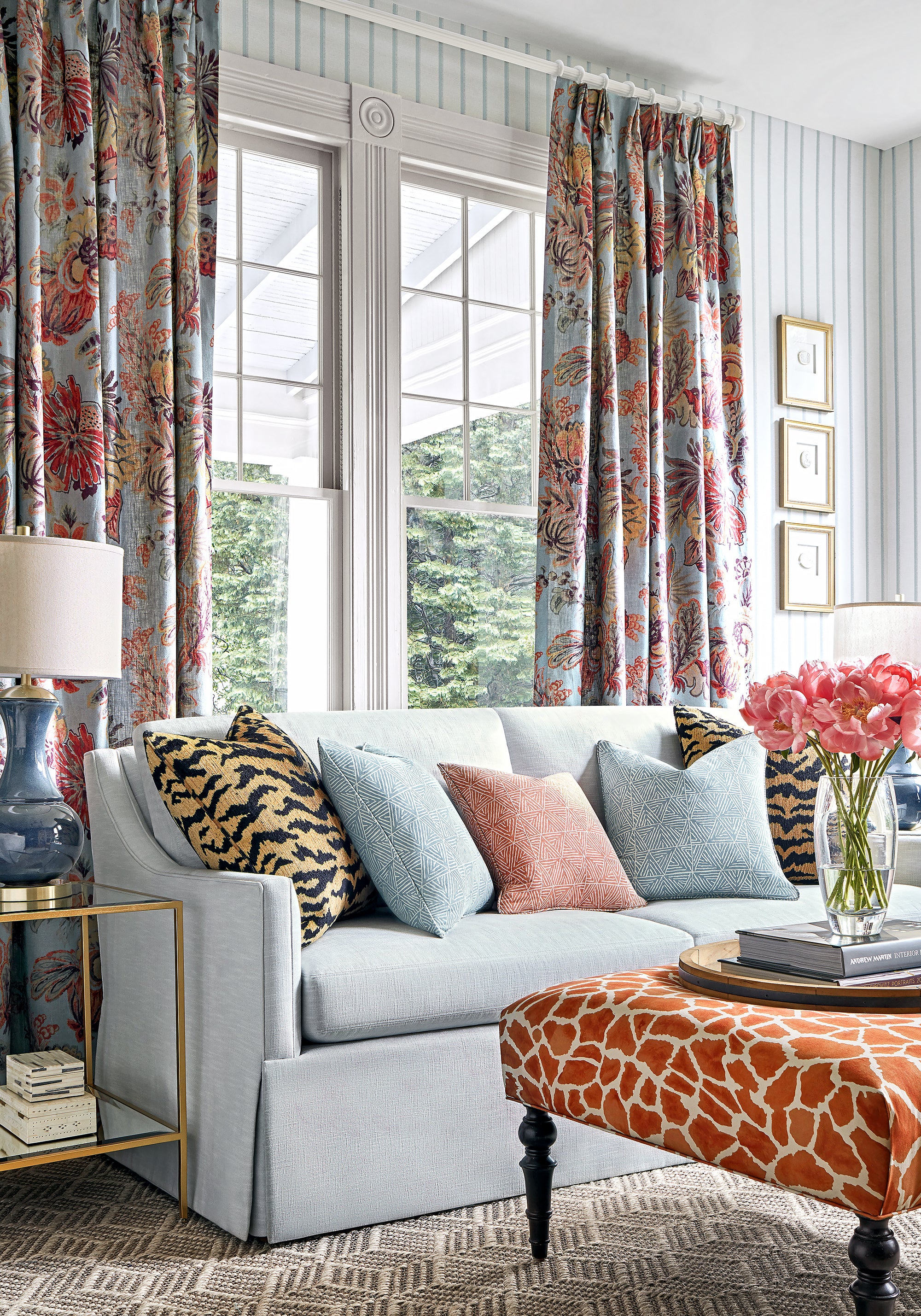 Drapery in Floral Gala printed fabric in slate blue and cinnamon color - pattern number F910215 by Thibaut in the Colony collection