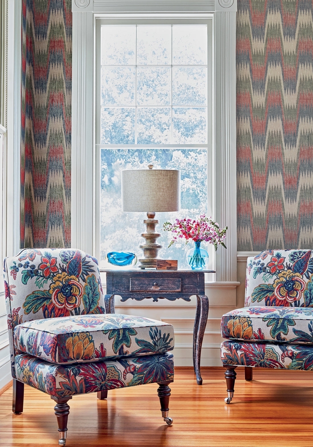 Charlotte chairs in Floral Gala printed fabric in jewel color - pattern number F910216 by Thibaut in the Colony collection