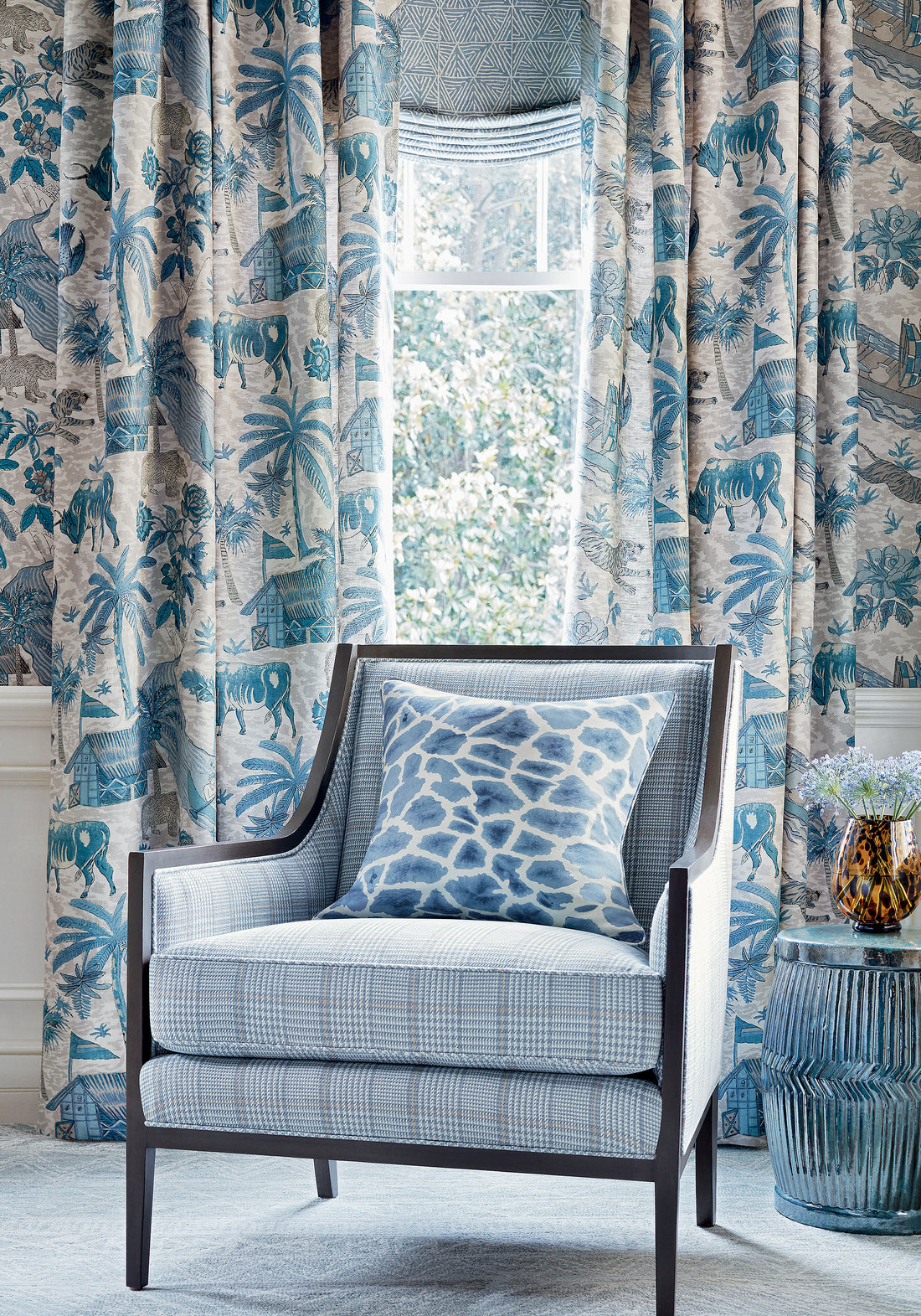 Drapes in Tiger Reserve printed fabric in slate blue color - pattern number F910231 by Thibaut in the Colony collection