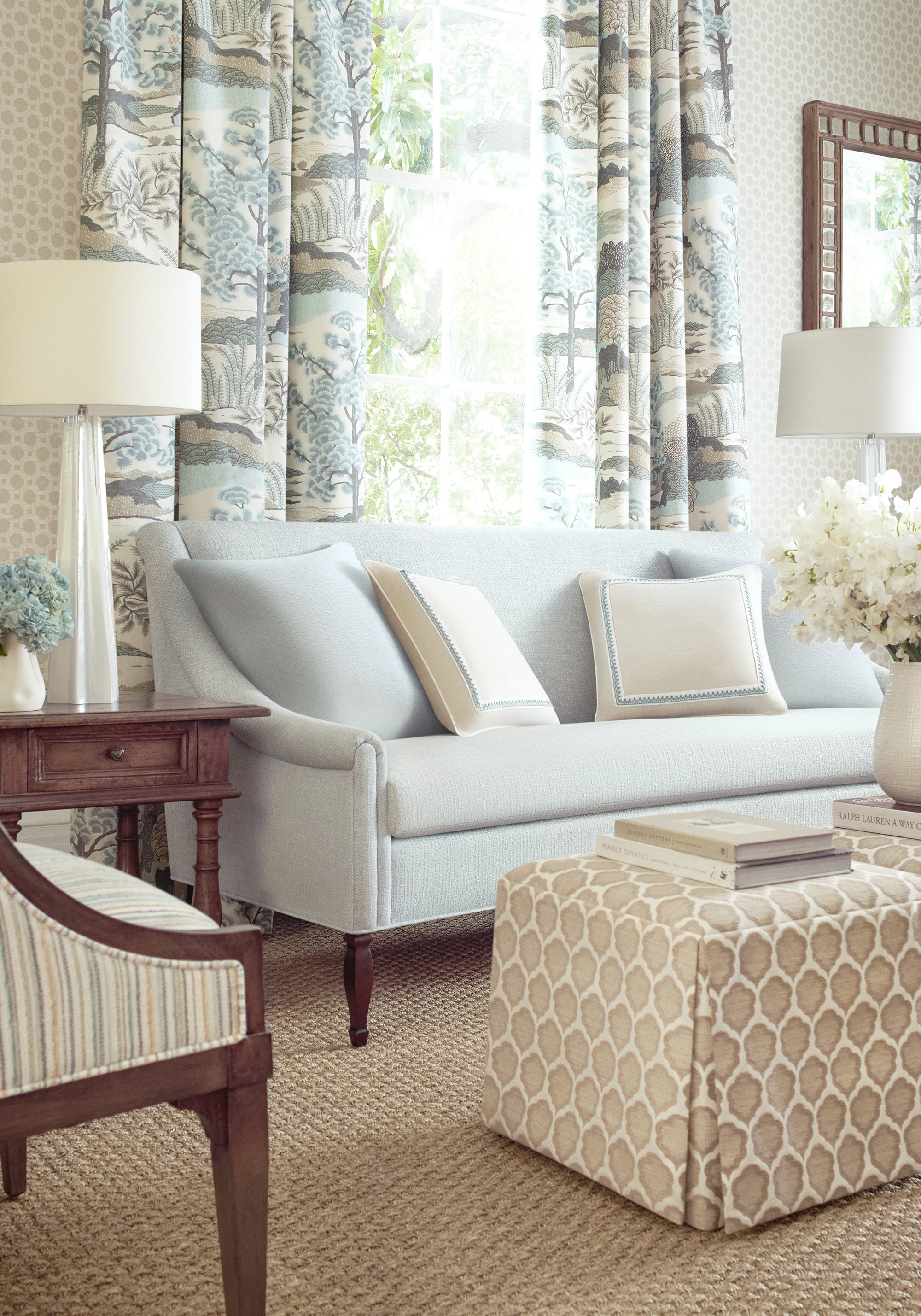 Fair and Square Ottoman with Skirt in Genie woven fabric in sand color - pattern number W81928 by Anna French in the Bristol collection