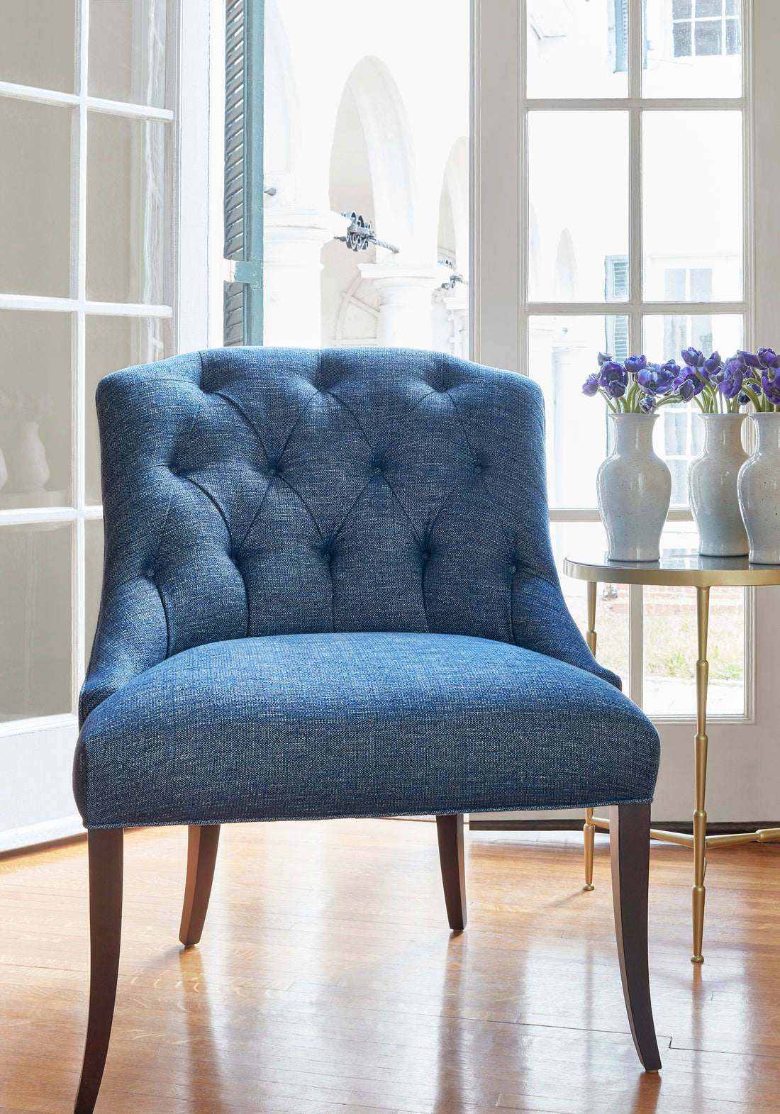 Belaire Chair in Dante woven fabric in navy color - pattern number W80700 - by Thibaut in the Woven Resource Vol 11 Rialto collection