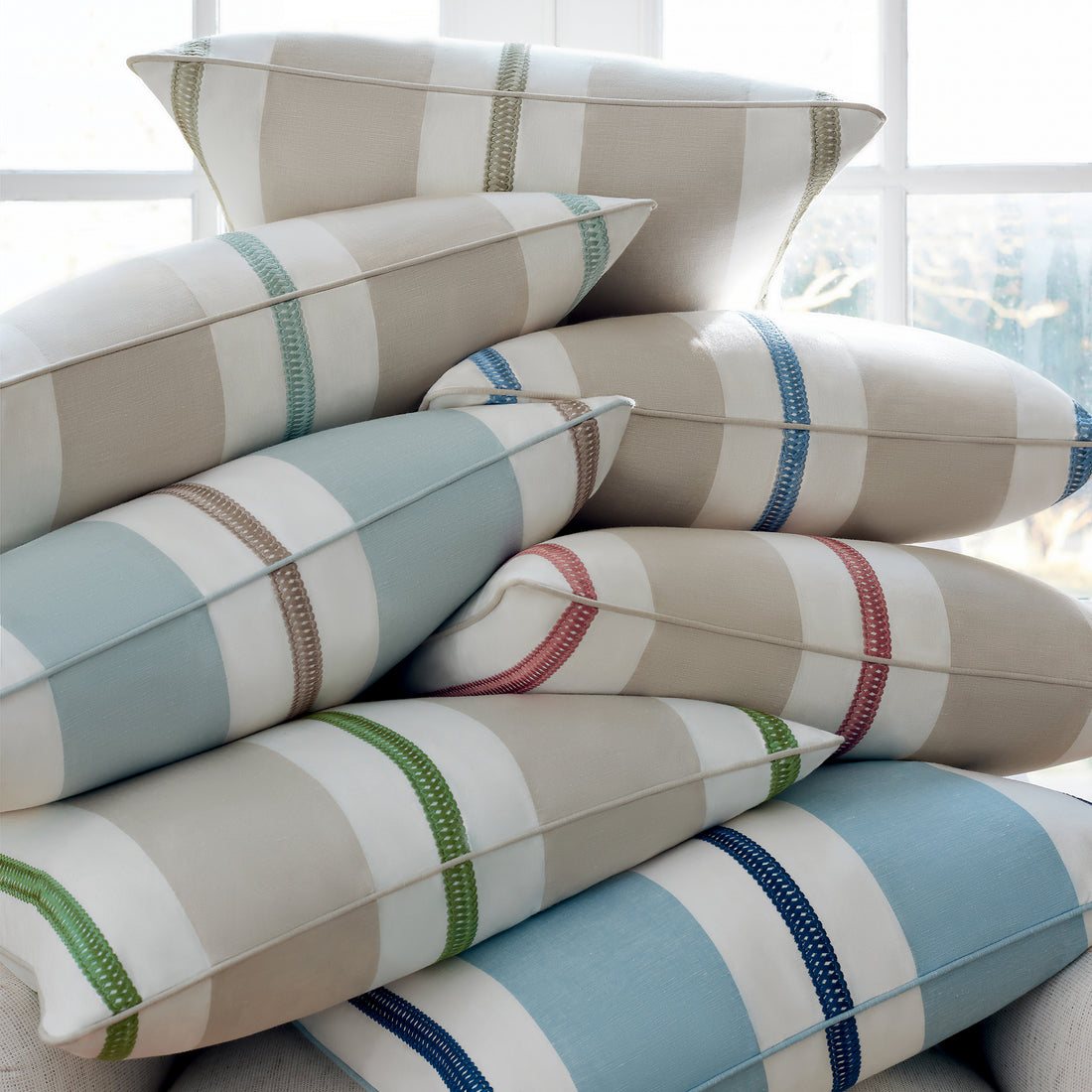Pillows in Alden Stripe Embroidery fabric by Anna French in the Devon collection 